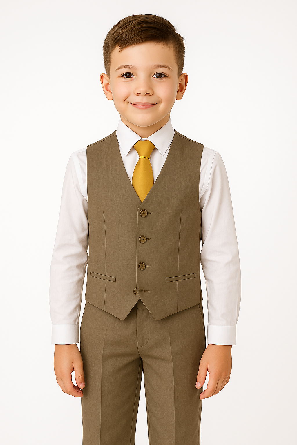 Boys Regular Fit All In One Suit - Dark Beige Waistcoat Picture