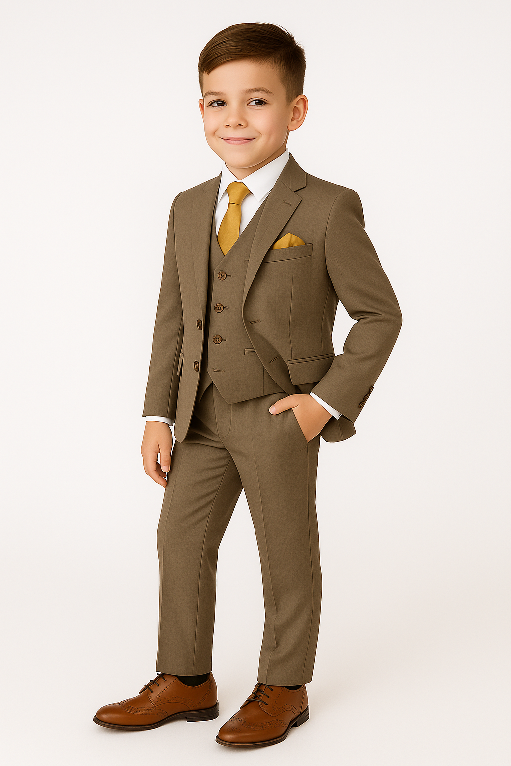Boys Regular Fit All In One Suit - Dark Beige Model Picture