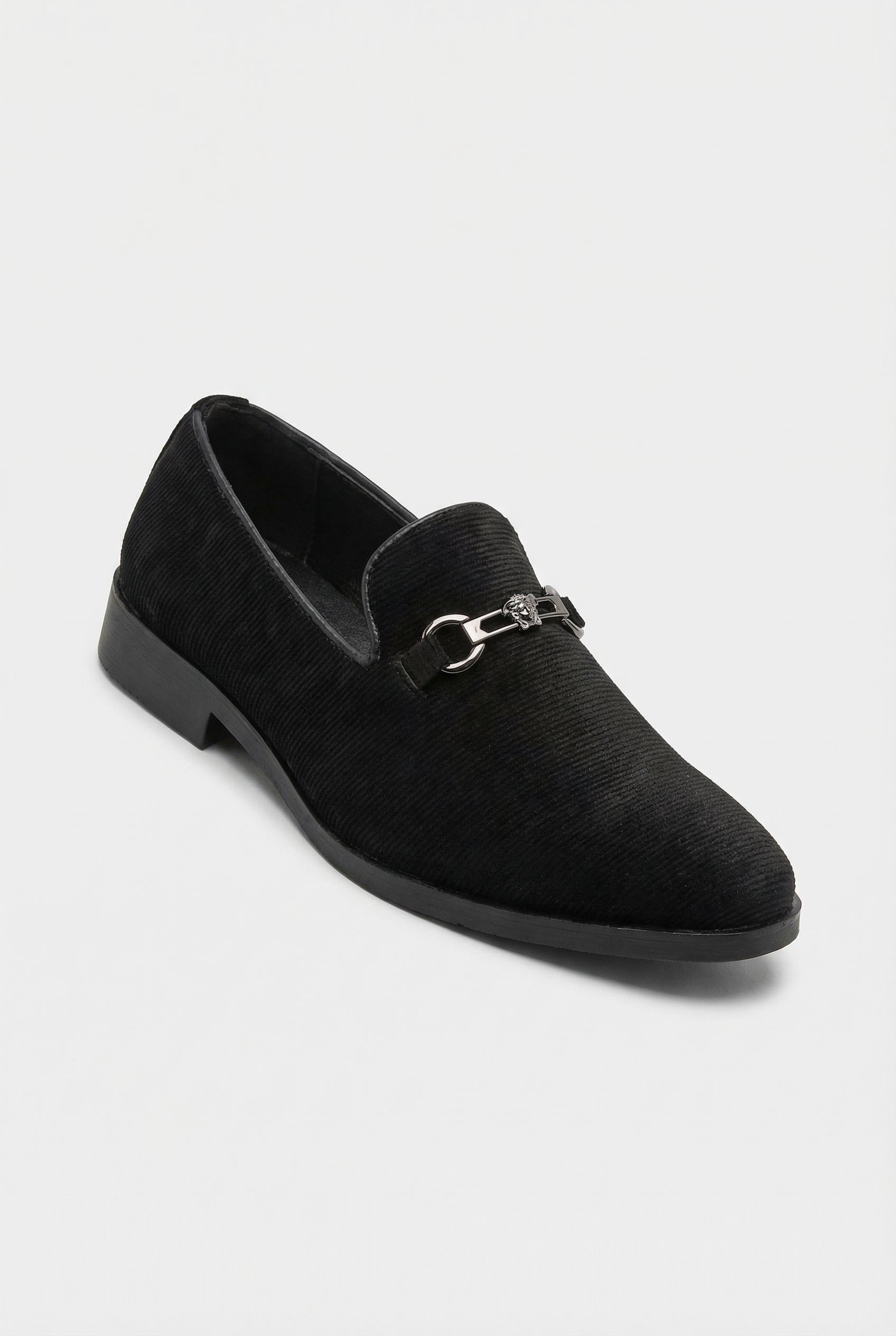 Boys Ribbed Velvet Loafer Shoes with Horsebit Detail - Davis Black Side Picture