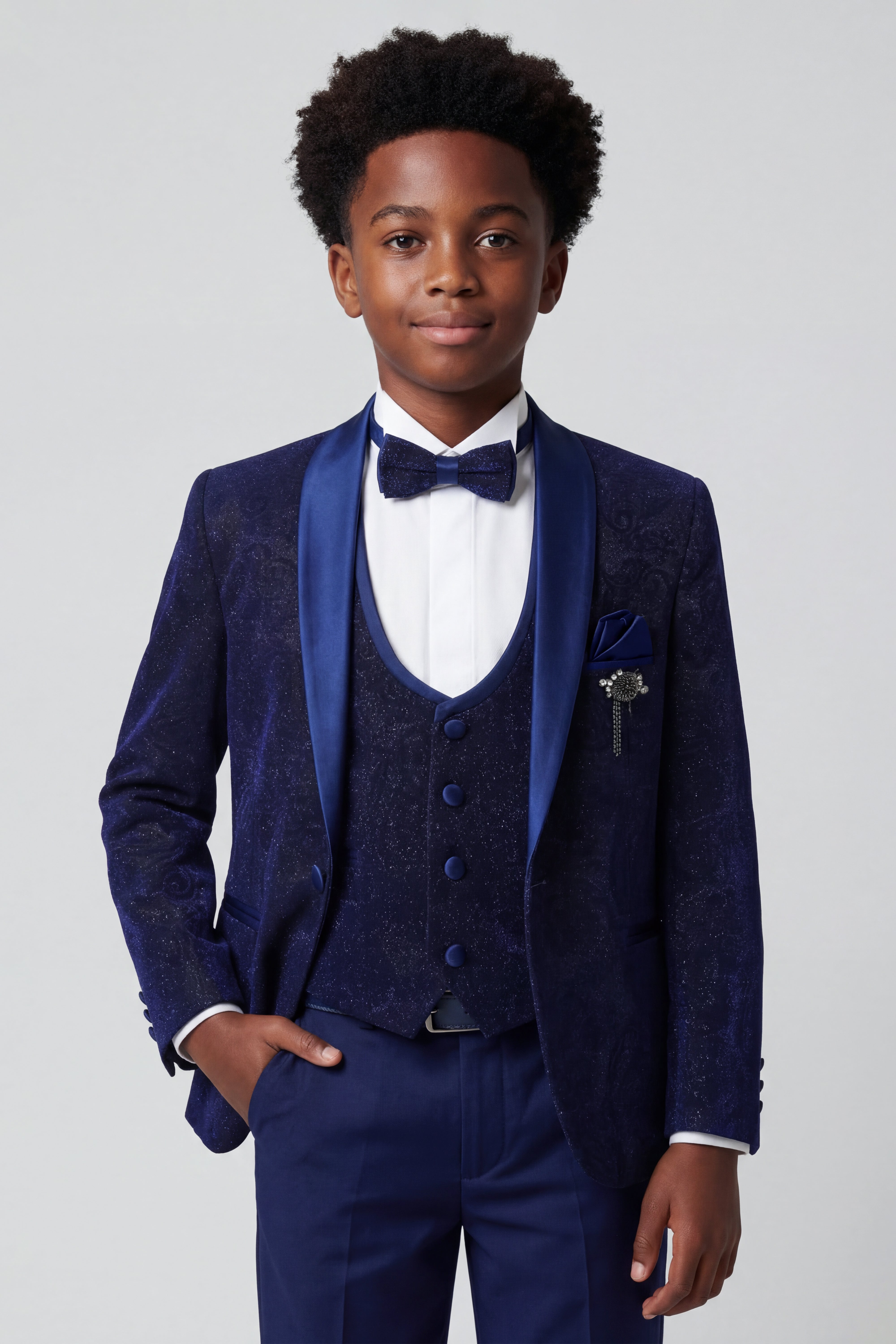 Jungen Glitzernder Slim Fit Navyblauer Tuxedo Anzug - Navyblau