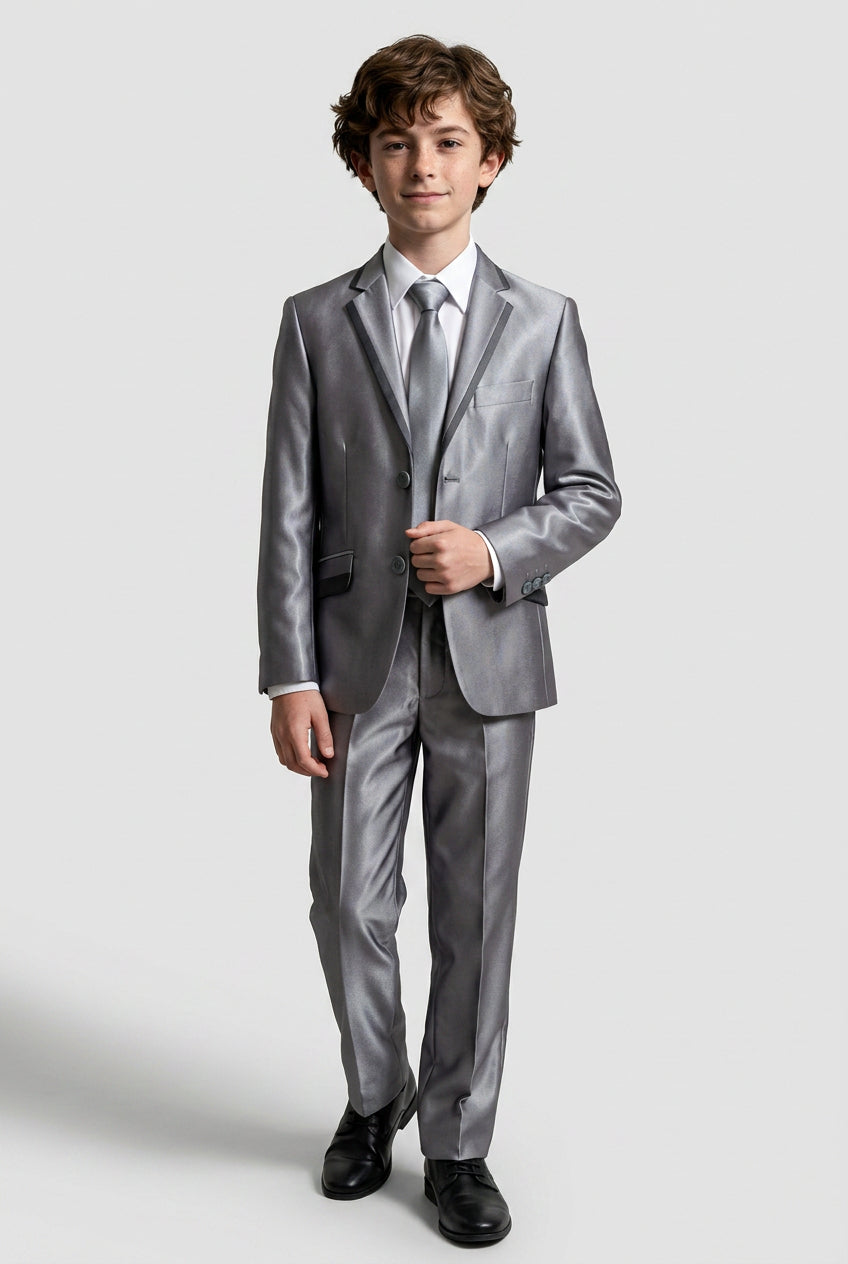 Traje de 2 piezas para niños en plata gris con ribete en contraste negro