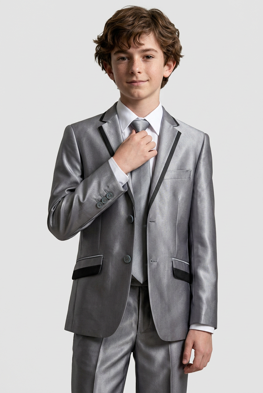 Traje de 2 piezas para niños en plata gris con ribete en contraste negro