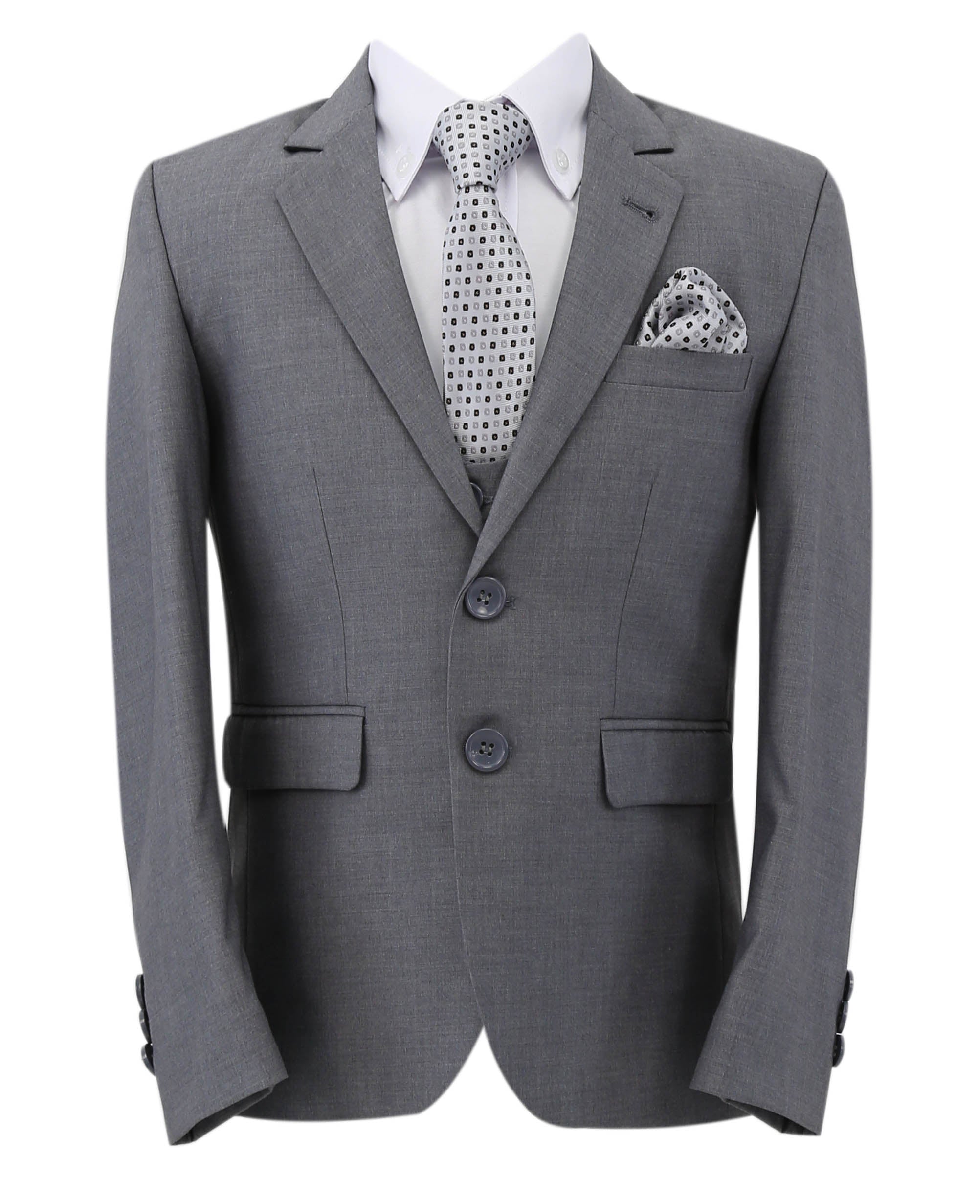 Boys Slim Fit 7 Piece Full Suit Set - Kenny - Grey Jacket Front Picture with Tie