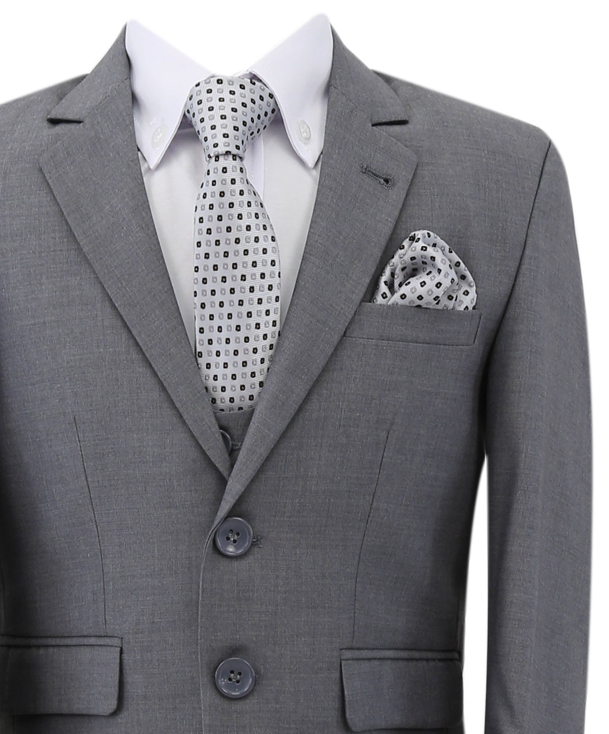 Boys Slim Fit 7 Piece Full Suit Set - Kenny - Grey Detail Picture with Tie
