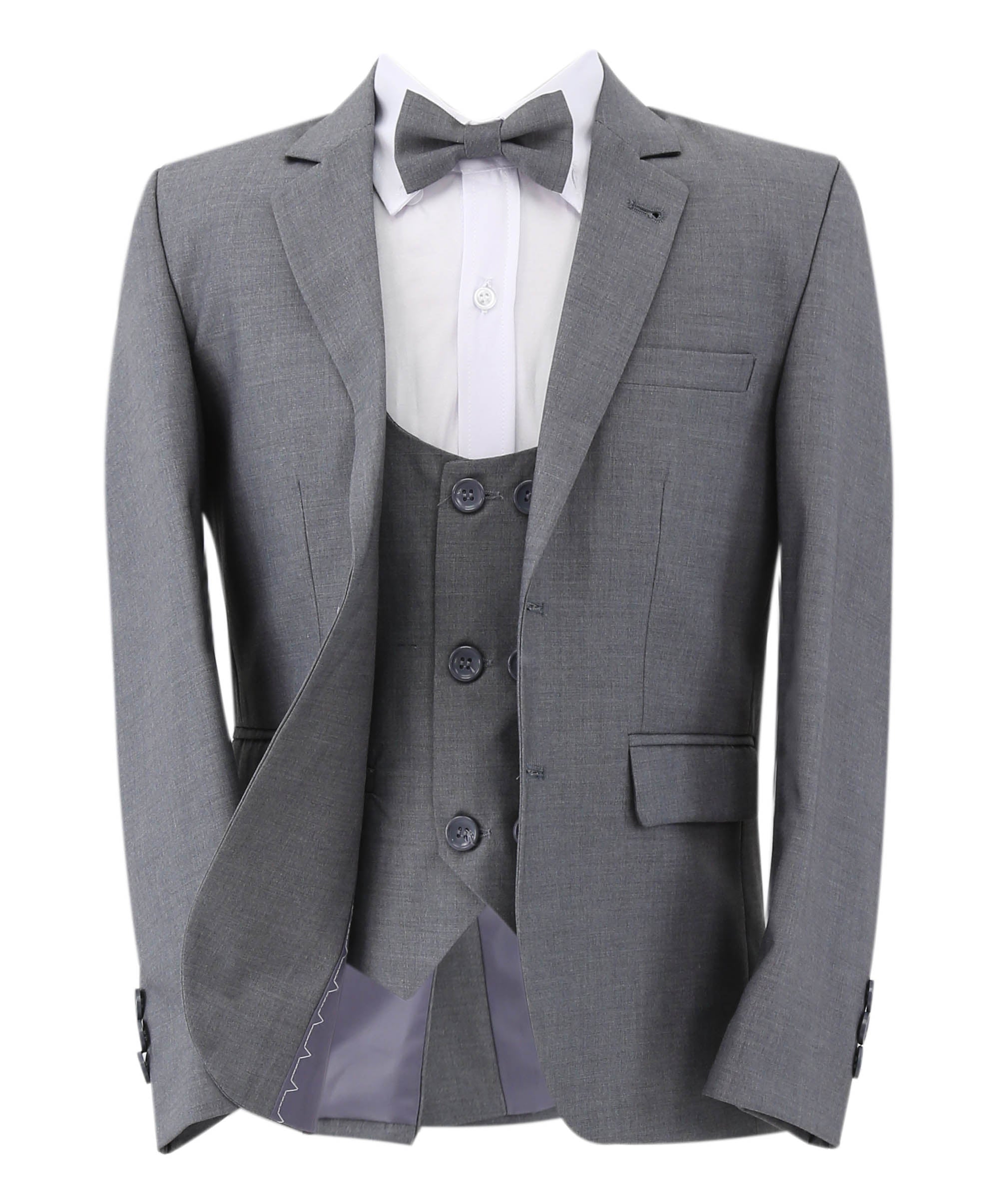 Boys Slim Fit 7 Piece Full Suit Set - Kenny - Grey Front Open Picture with Bowtie