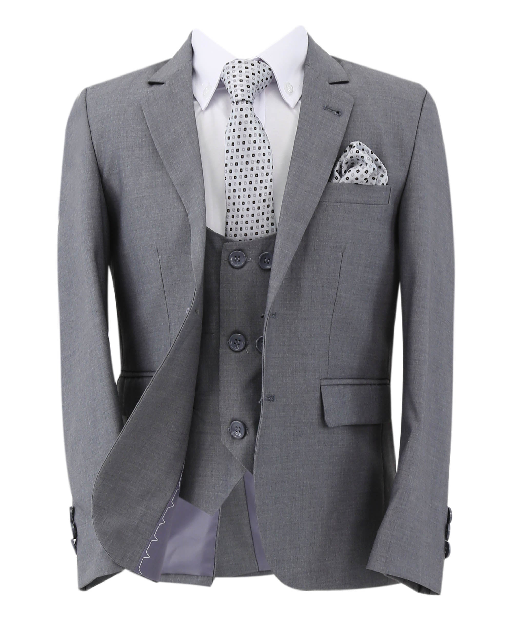 Boys Slim Fit 7 Piece Full Suit Set - Kenny - Grey Front Open Picture with Tie