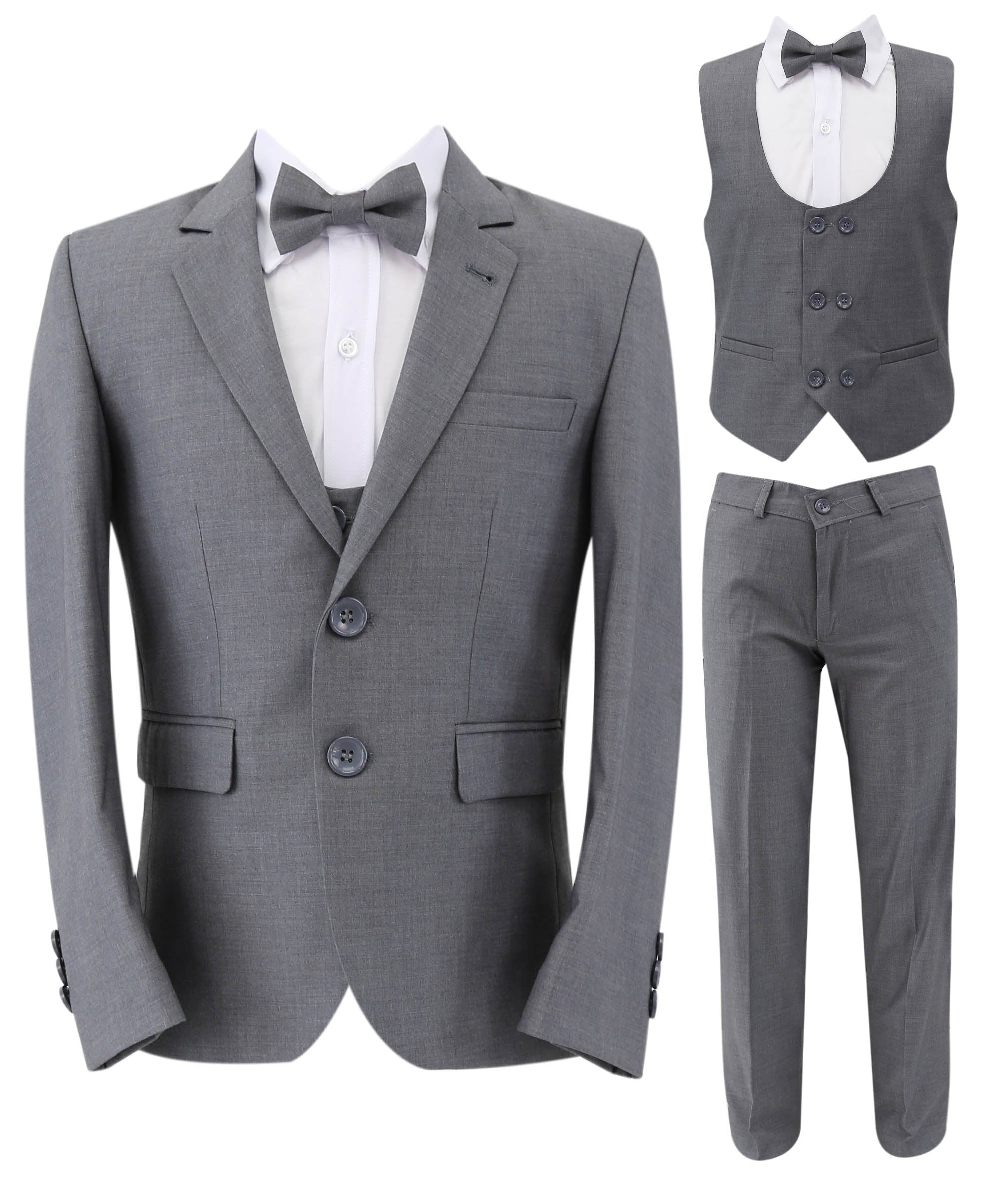 Boys Slim Fit 7 Piece Full Suit Set - Kenny - Grey Front Picture with Bowtie