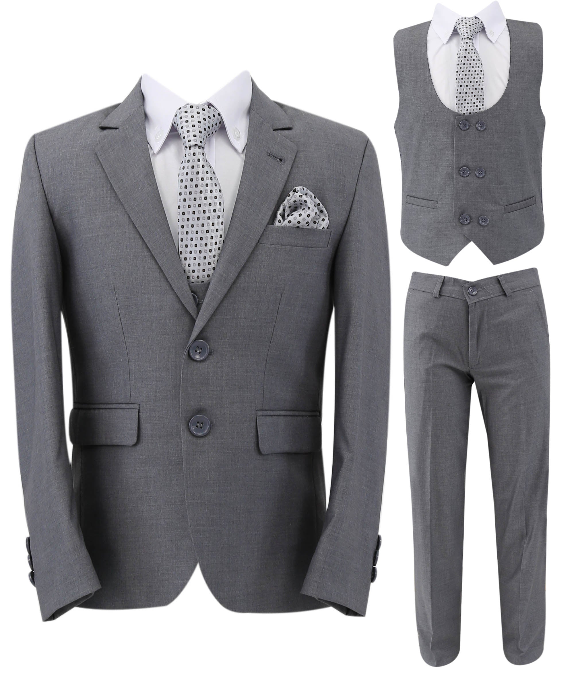 Boys Slim Fit 7 Piece Full Suit Set - Kenny - Grey Front Picture with Tie
