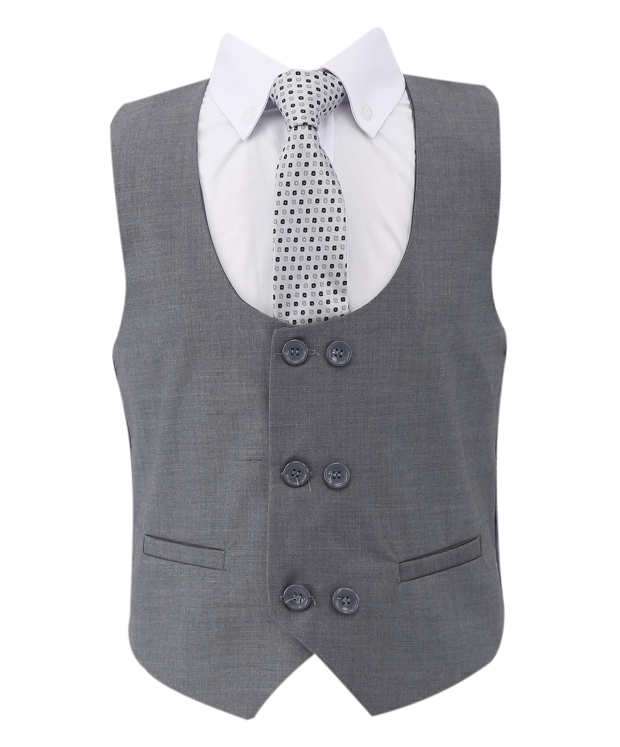 Boys Slim Fit 7 Piece Full Suit Set - Kenny - Grey Waistcoat Front Picture with Tie