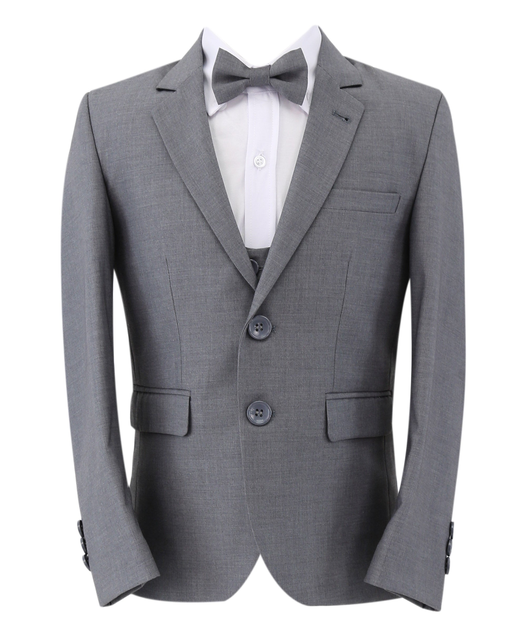 Boys Slim Fit 7 Piece Full Suit Set - Kenny - Grey Jacket Front Picture with Bowtie