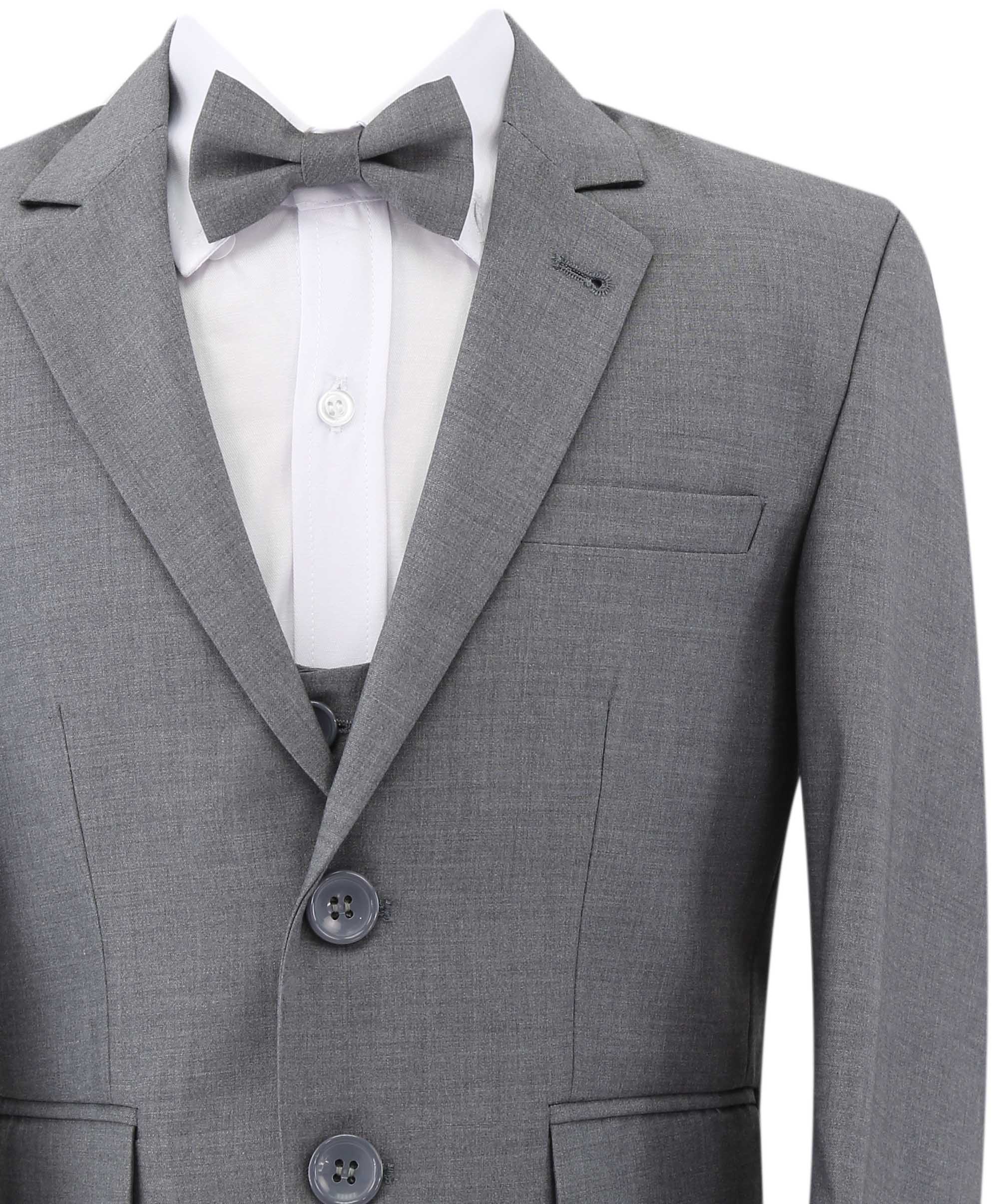 Boys Slim Fit 7 Piece Full Suit Set - Kenny - Grey Detail Picture with Bowtie