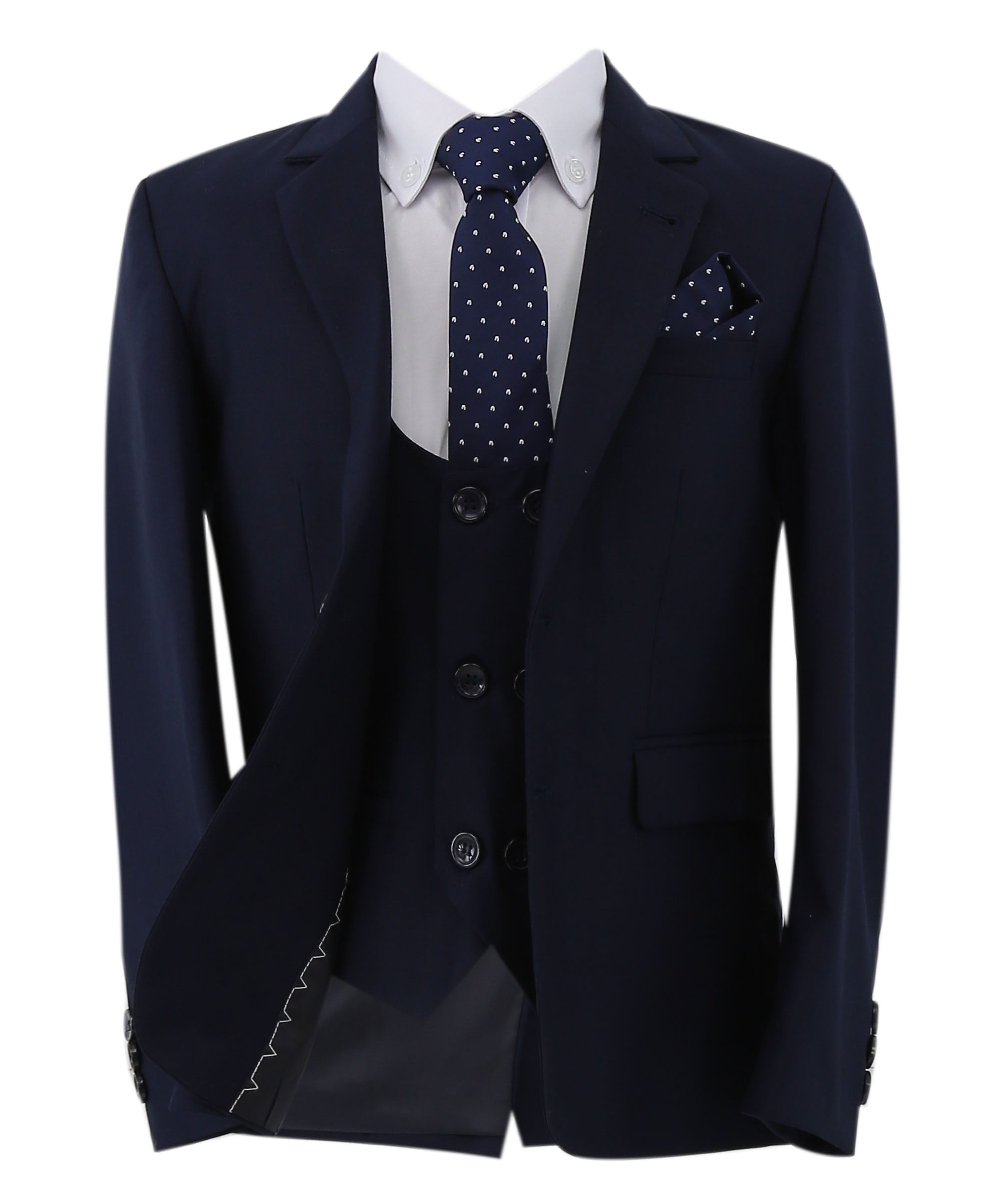 Boys Slim Fit 7 Piece Full Suit Set - Kenny - Navy Blue Jacket Front Open Picture with Tie