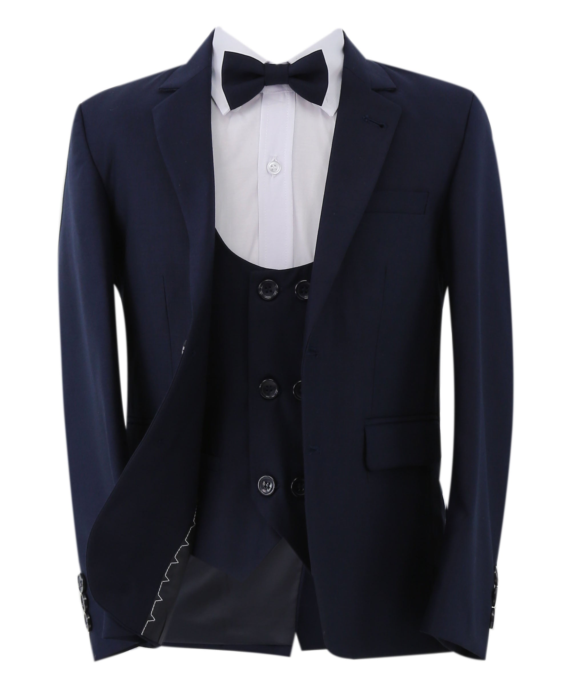 Boys Slim Fit 7 Piece Full Suit Set - Kenny - Navy Blue Jacket Front Open Picture with Bowtie