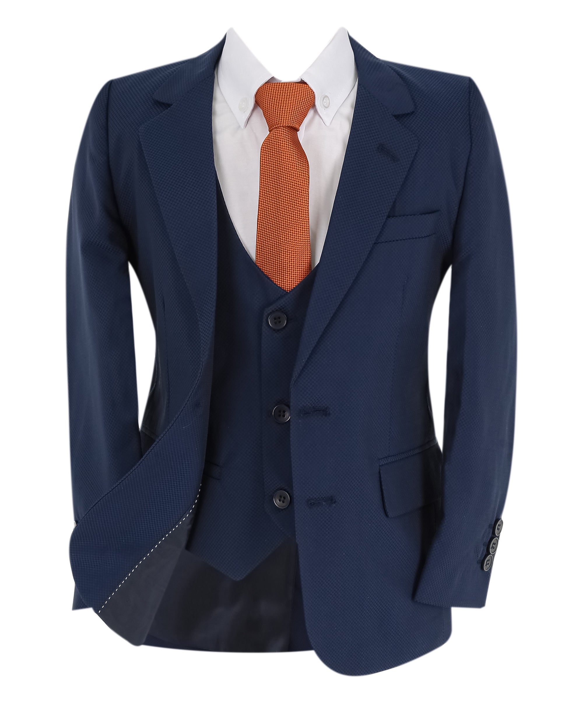 Boys Slim Fit 7 Piece Full Suit Set - Kenny - Parliament Blue Jacket Front Open Picture With Orrange Tie