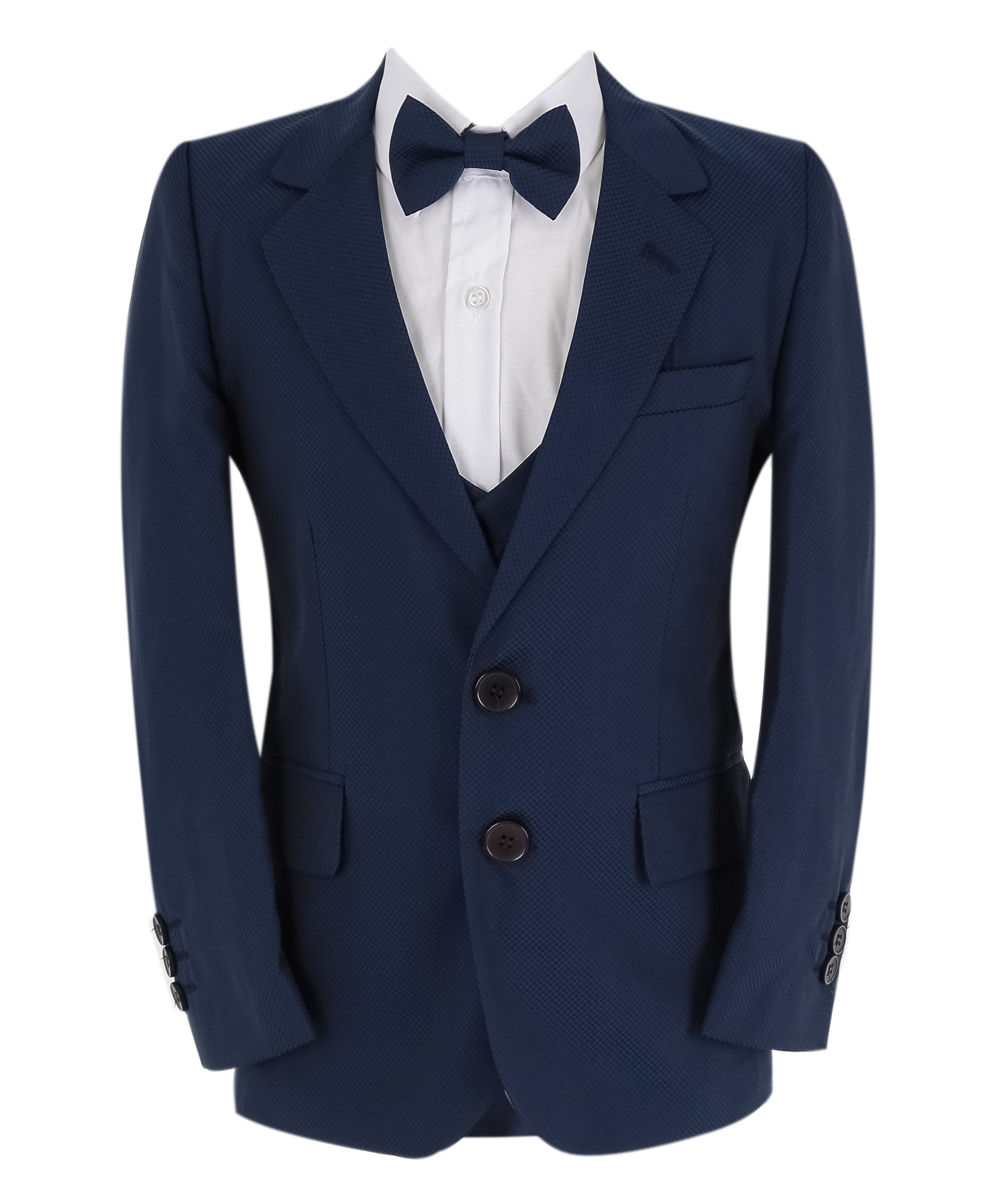 Boys Slim Fit 7 Piece Full Suit Set - Kenny - Parliament Blue Jacket Front Picture With Bowtie