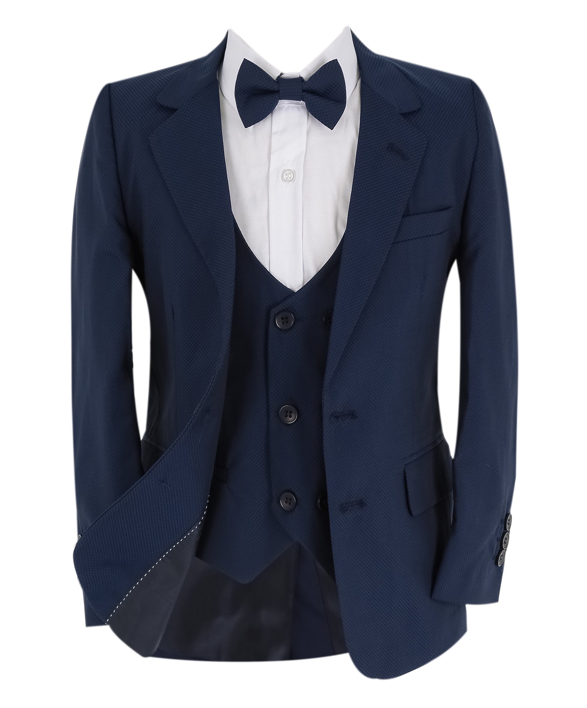 Boys Slim Fit 7 Piece Full Suit Set - Kenny - Parliament Blue Jacket Front Open Picture With Bowtie