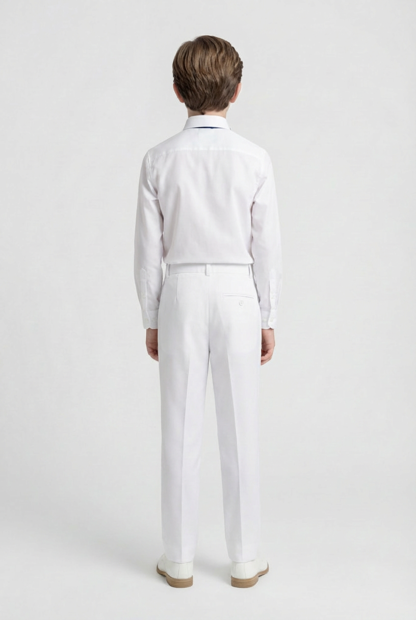 Boys Slim Fit Formal Trousers with Adjustable Waist - White