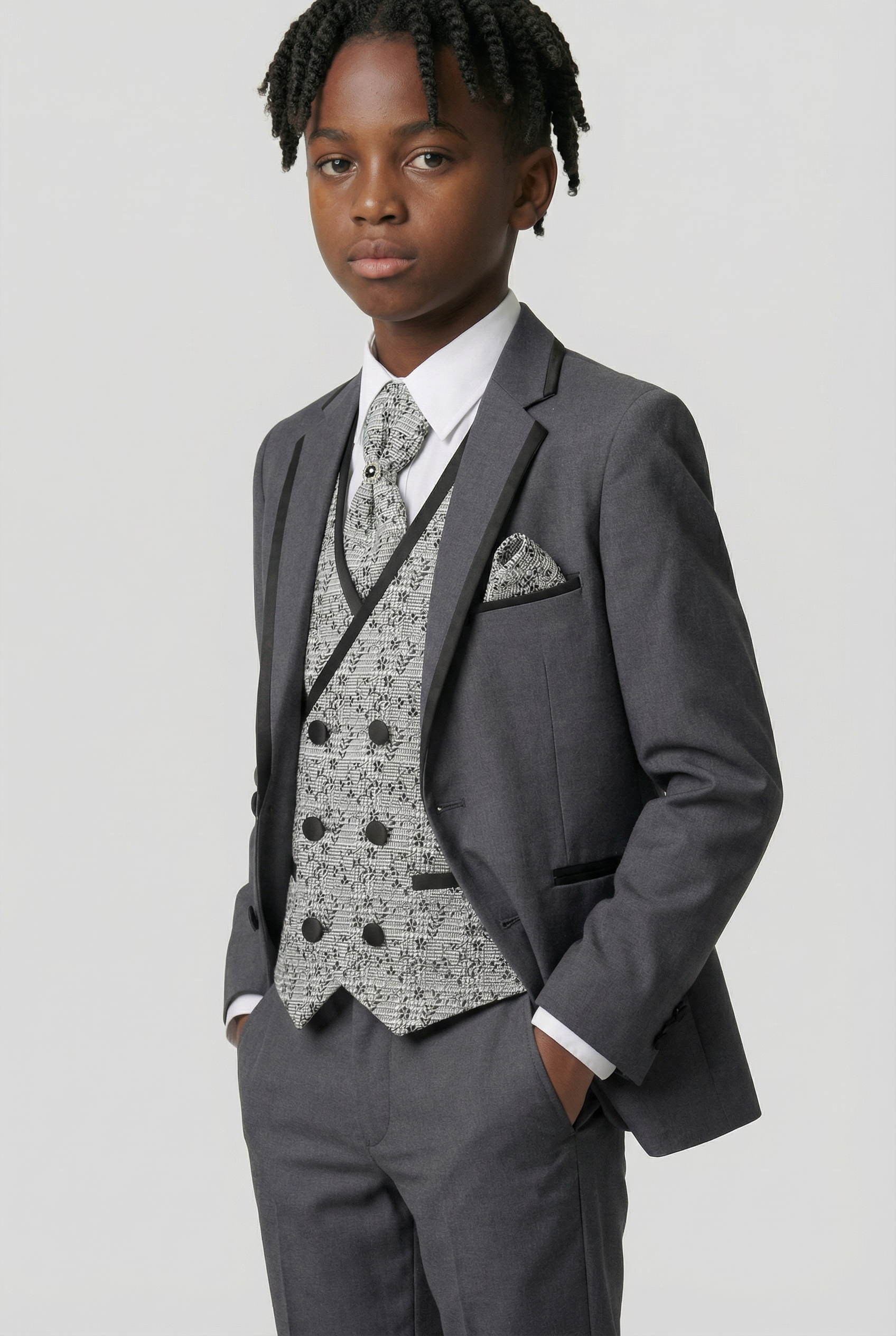 Completo grigio da ragazzo slim fit con piping e gilet floreale - Grigio