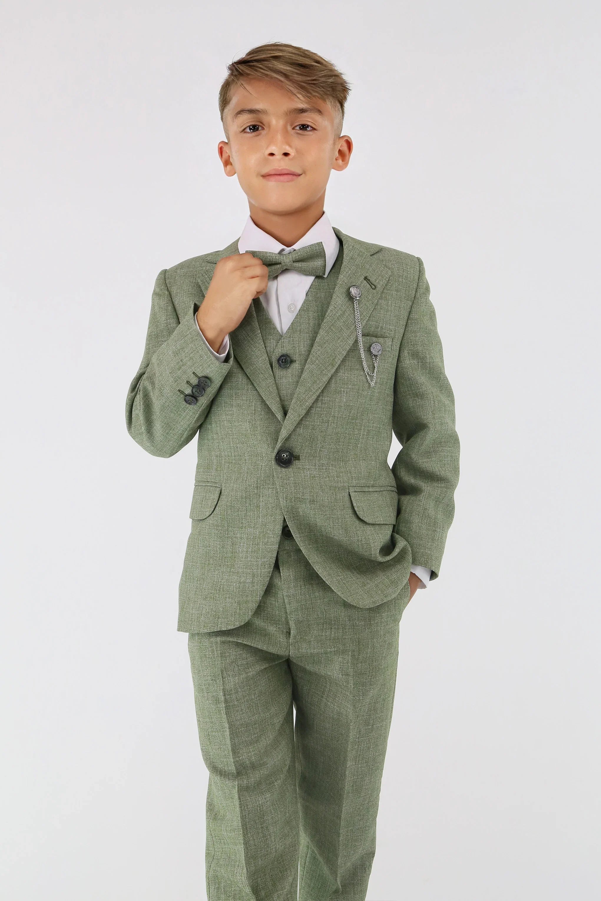 Boys Slim Fit Textured 8-Piece Formal Suit Set - Khaki Green
