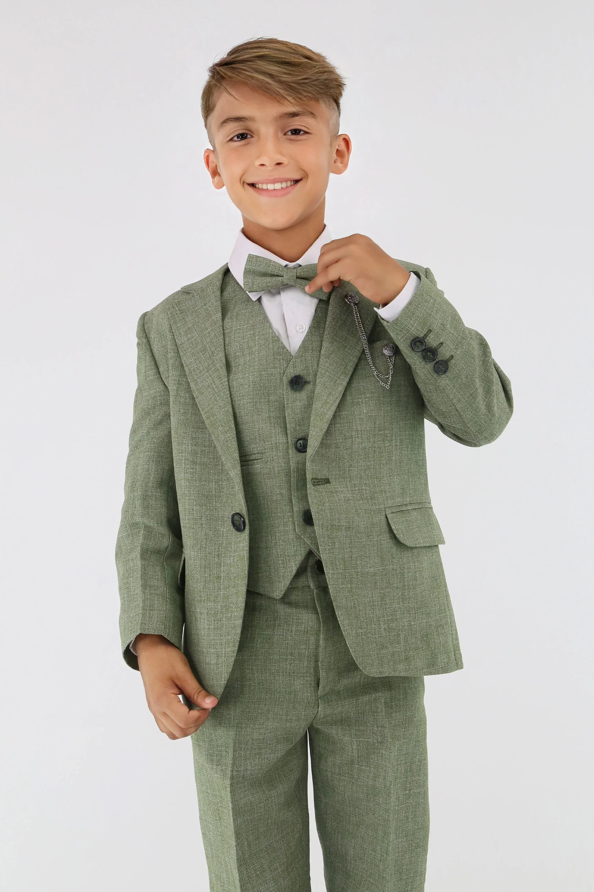Boys Slim Fit Textured 8-Piece Formal Suit Set - Khaki Green
