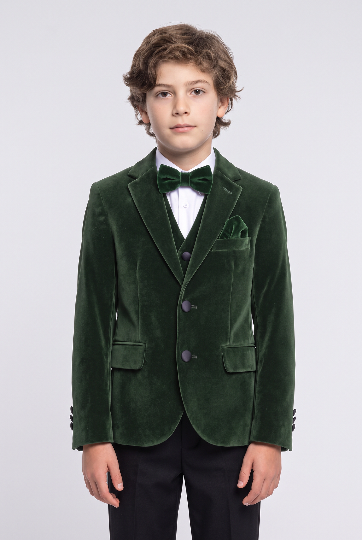 Boys Slim Fit Velvet Dinner Suit - 4-Piece & 5-Piece - SAVOY - Green Model Picture