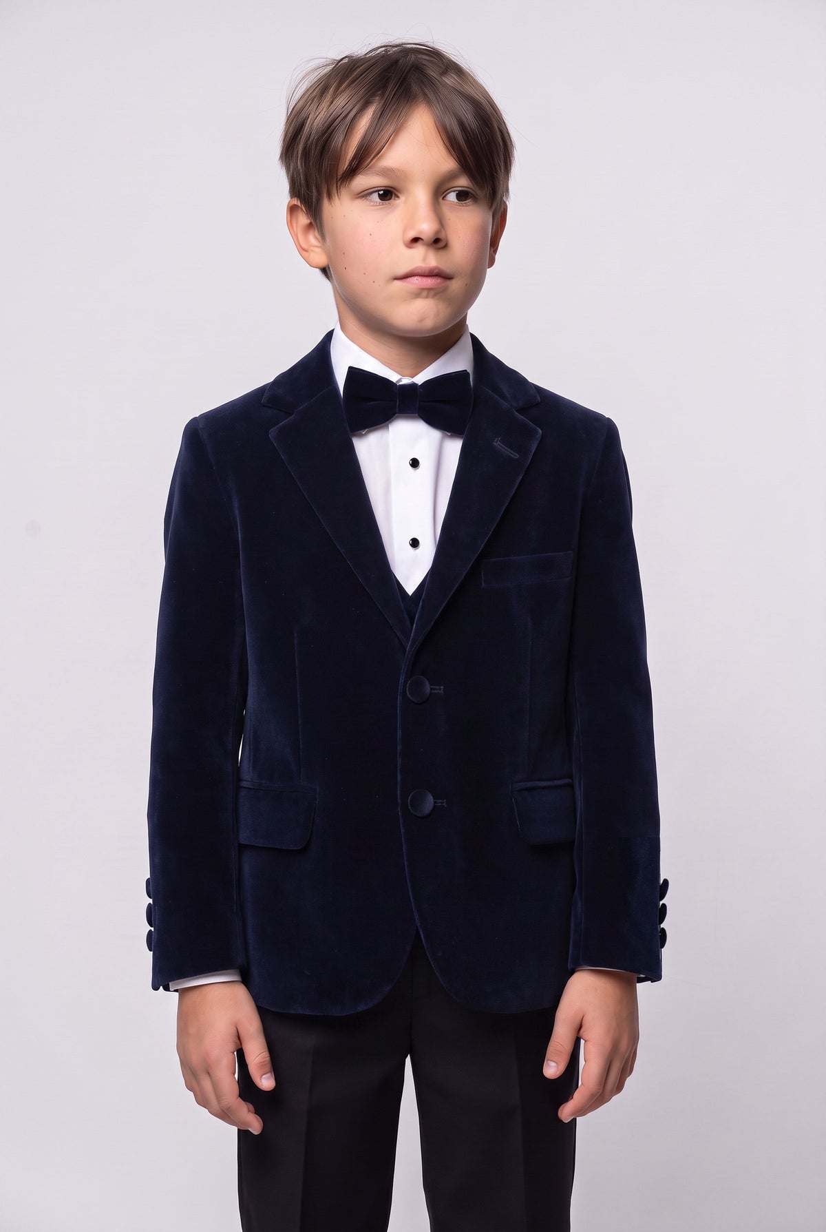 Boys Slim Fit Velvet Dinner Suit - 4-Piece & 5-Piece - SAVOY - Navy Blue Model Picture