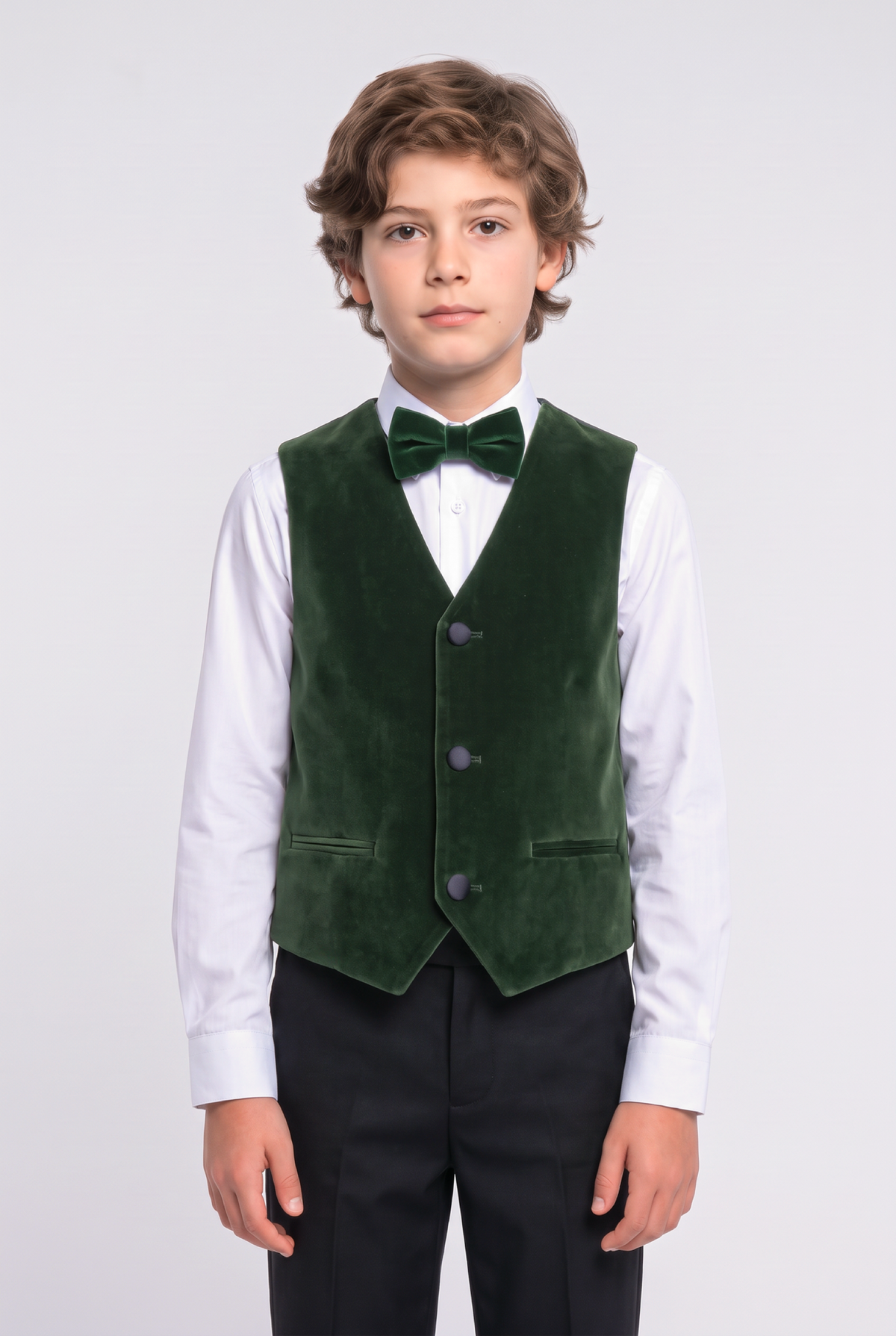 Boys Slim Fit Velvet Waistcoat Set - SAVOY - Green Model Picture