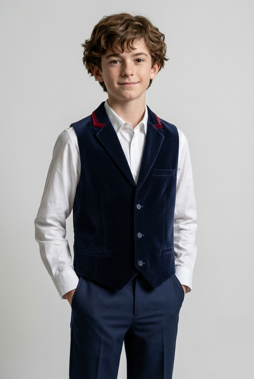 Boys Slim Fit Velvet Waistcoat with Lapel Trim - Navy Blue Model Picture
