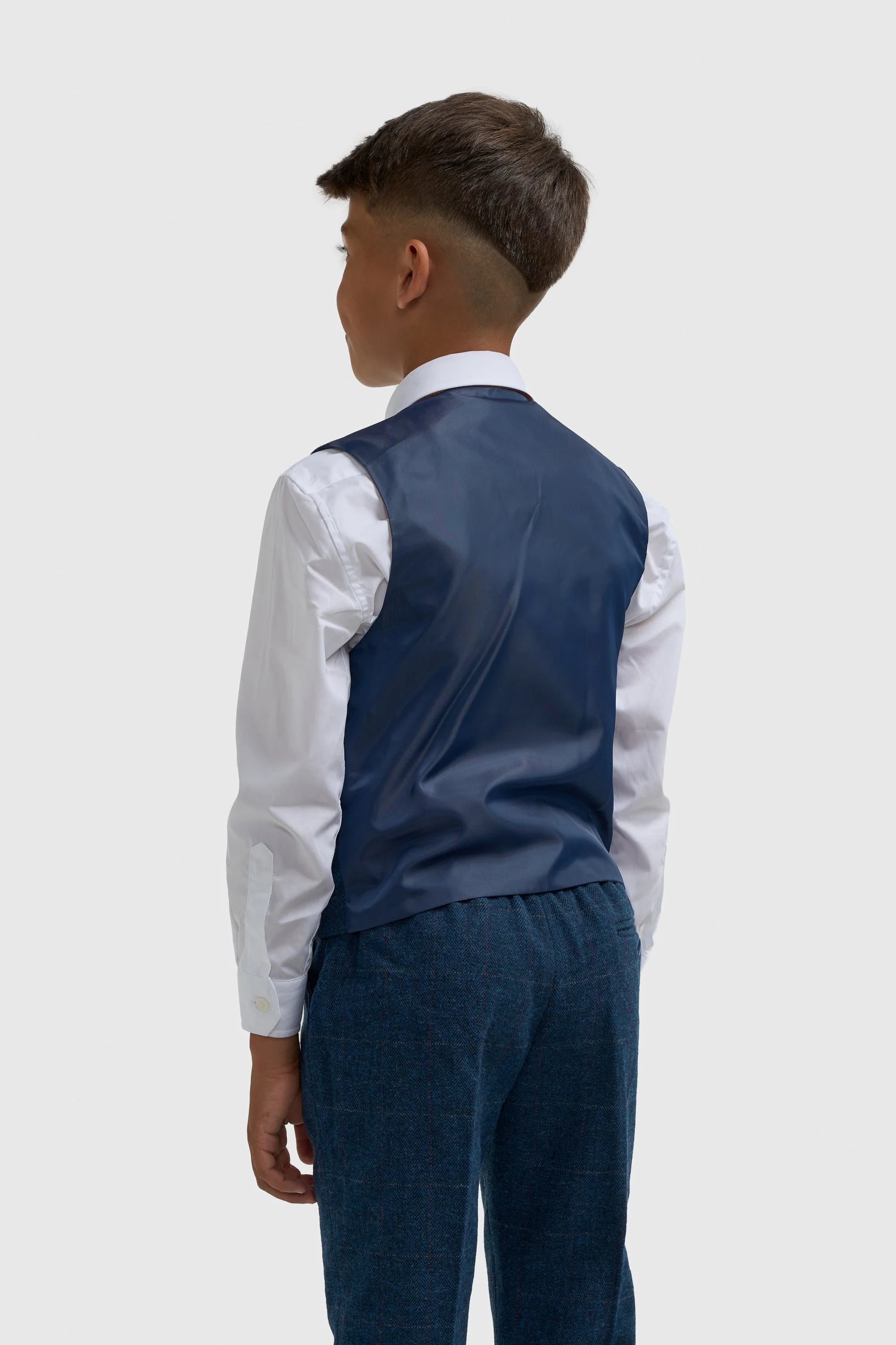Boys Slim Fit Wool Blend Herringbone Tweed Blue Suit - CARNEGI NAVY Back picture