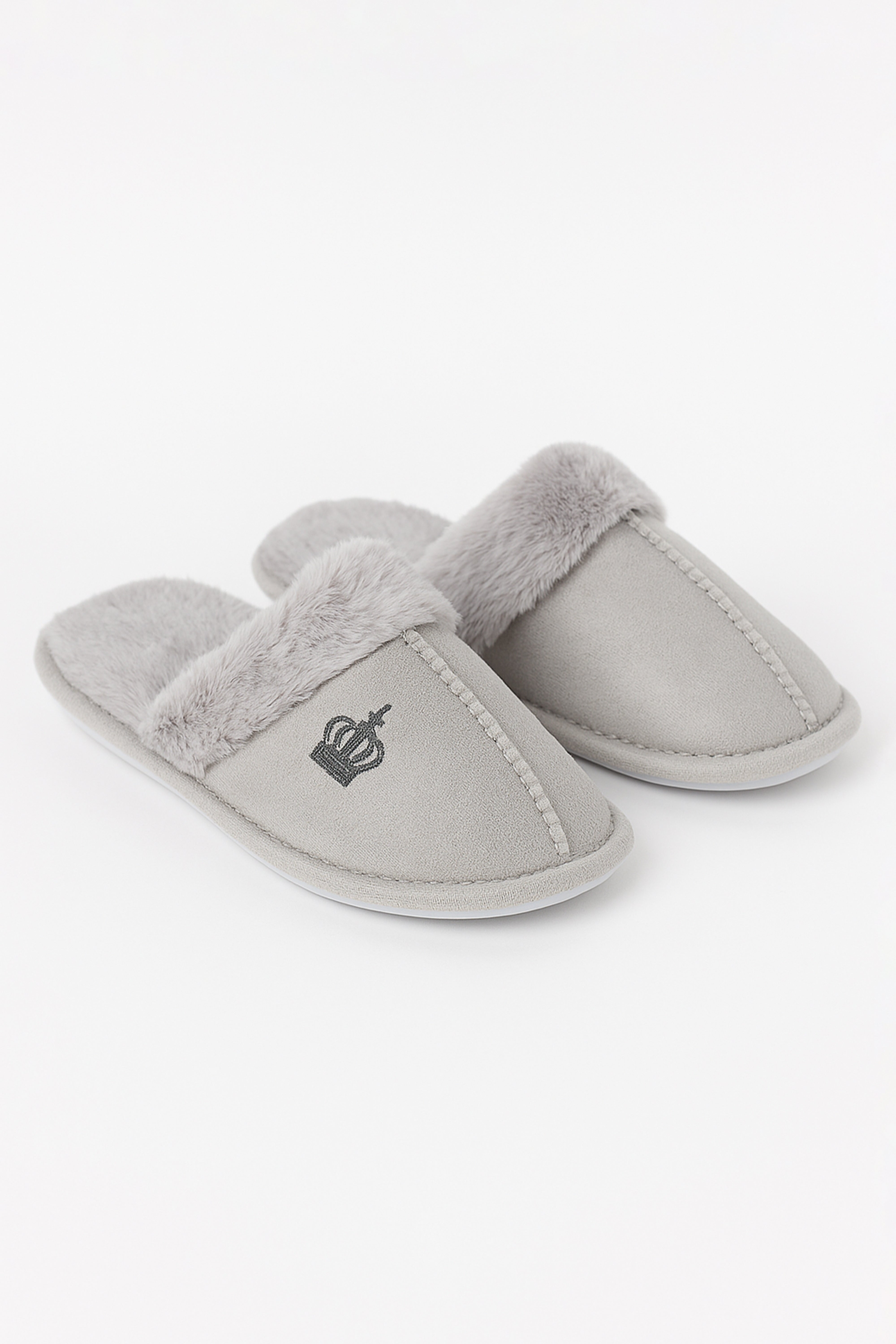 Boys Slip On Fur Grey Slippers - Crown - Grey Front Side Picture