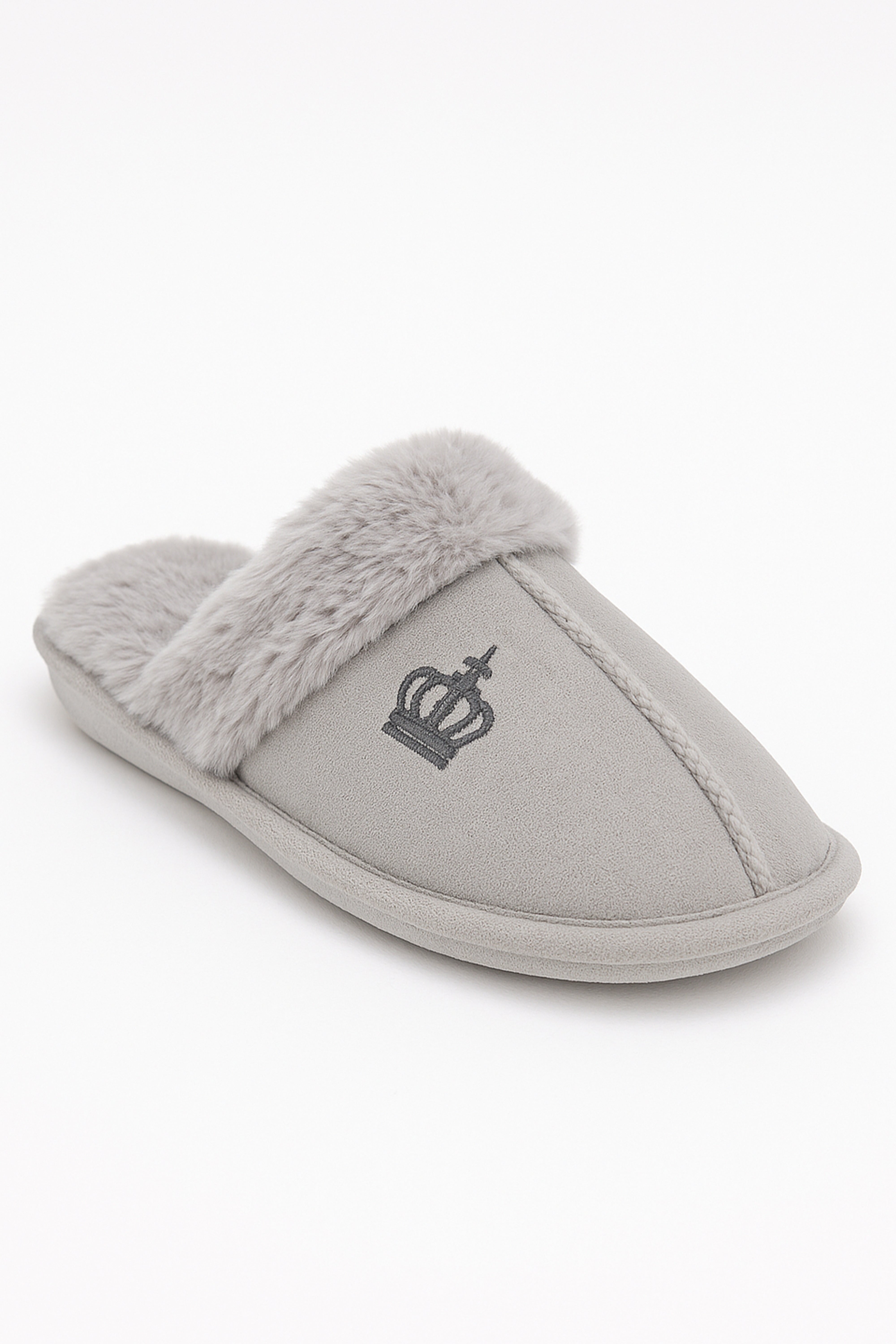 Boys Slip On Fur Grey Slippers - Crown - Grey Side Picture