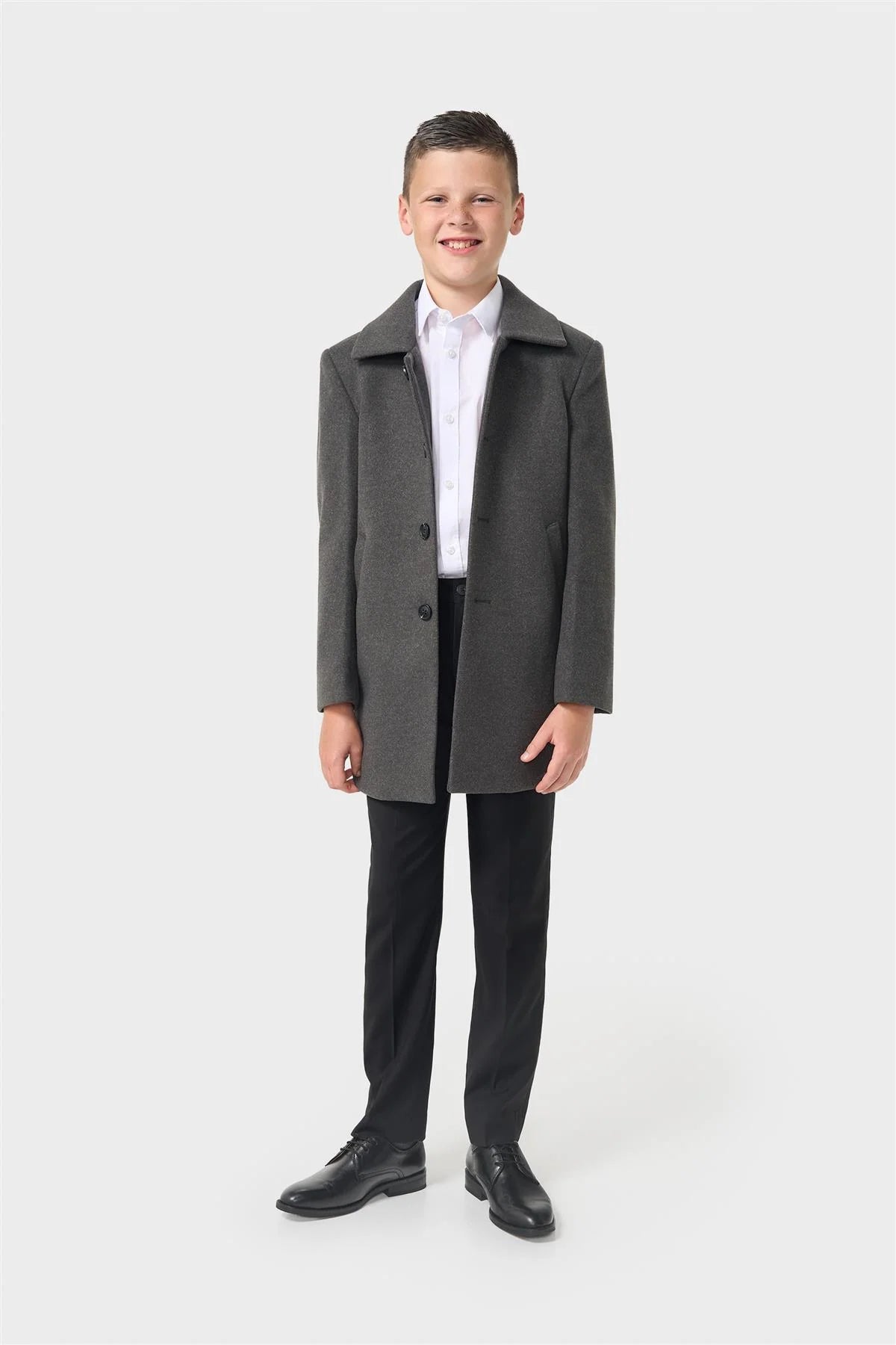 Boys Smart Tailored Formal Overcoat – Cavani Oscar Charcoal Grey Model Front Picture
