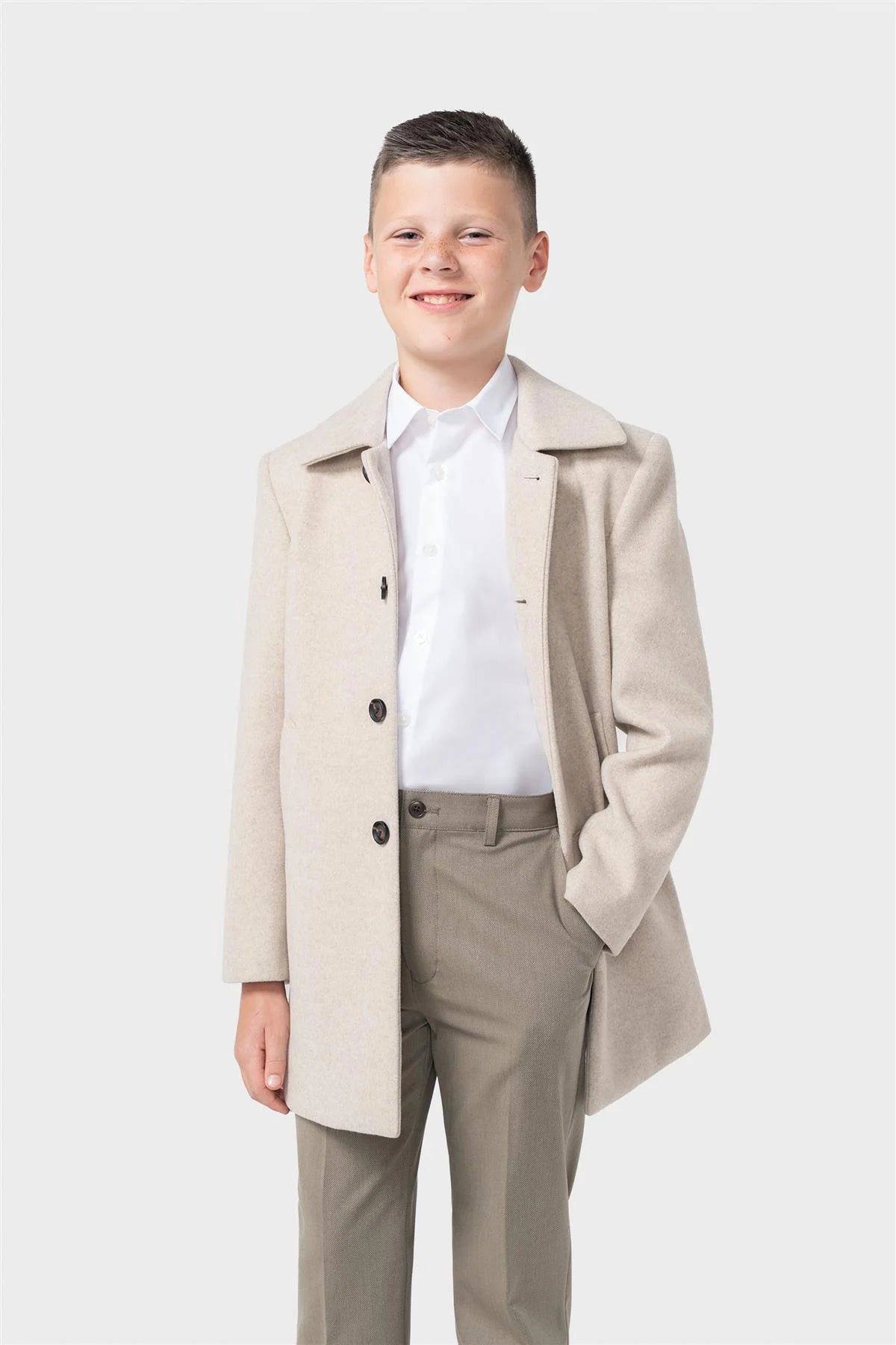 Boys Smart Tailored Formal Overcoat – Cavani Oscar Stone Beige Model Picture