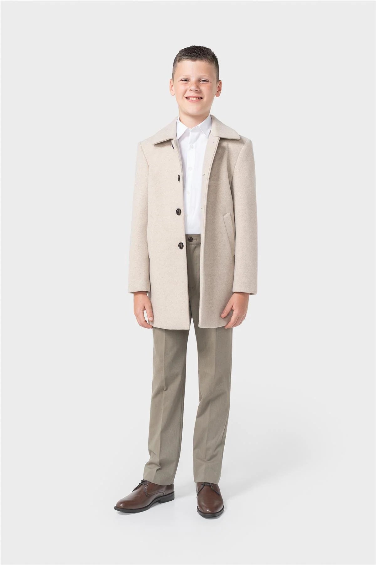 Boys Smart Tailored Formal Overcoat – Cavani Oscar Stone Beige Model Front Picture