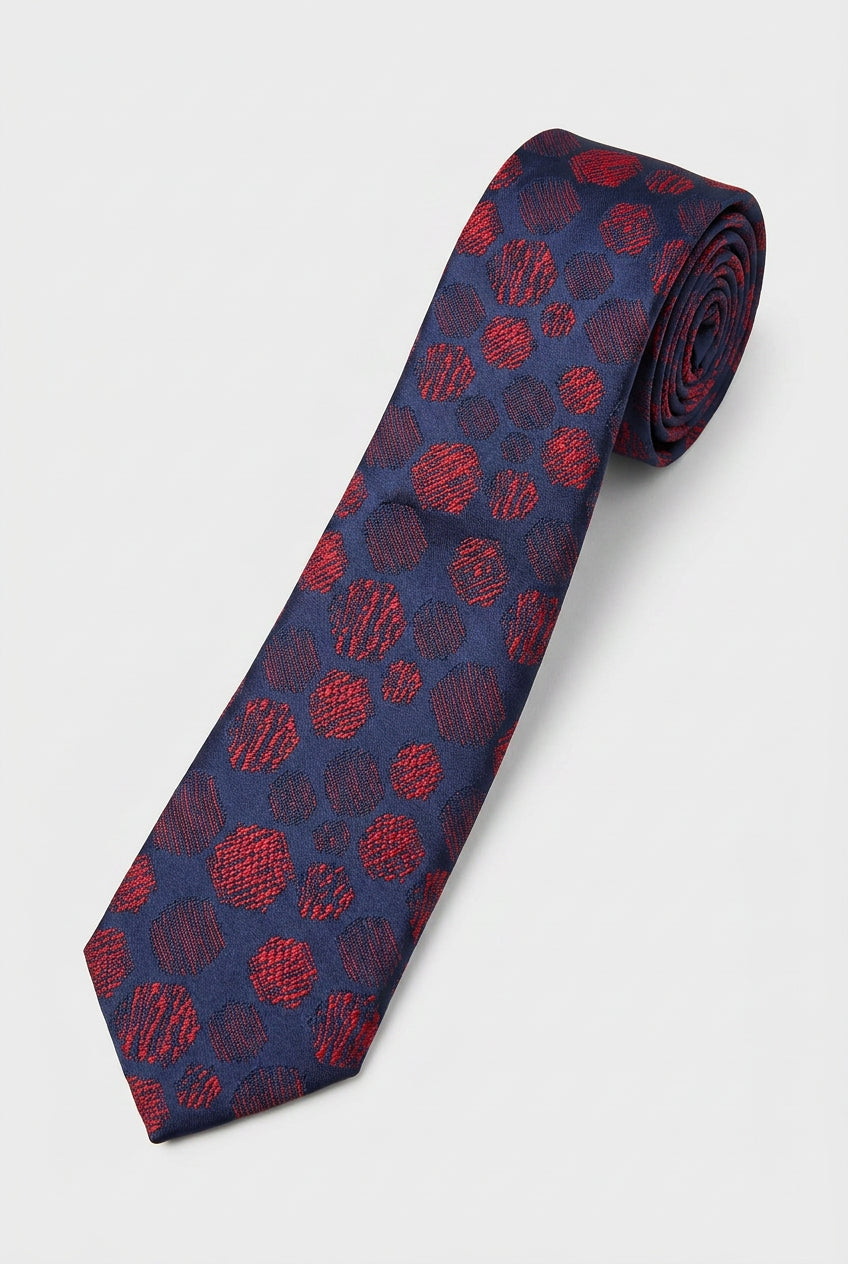 Corbata delgada de jacquard con lunares para niños - Azul marino y Rojo