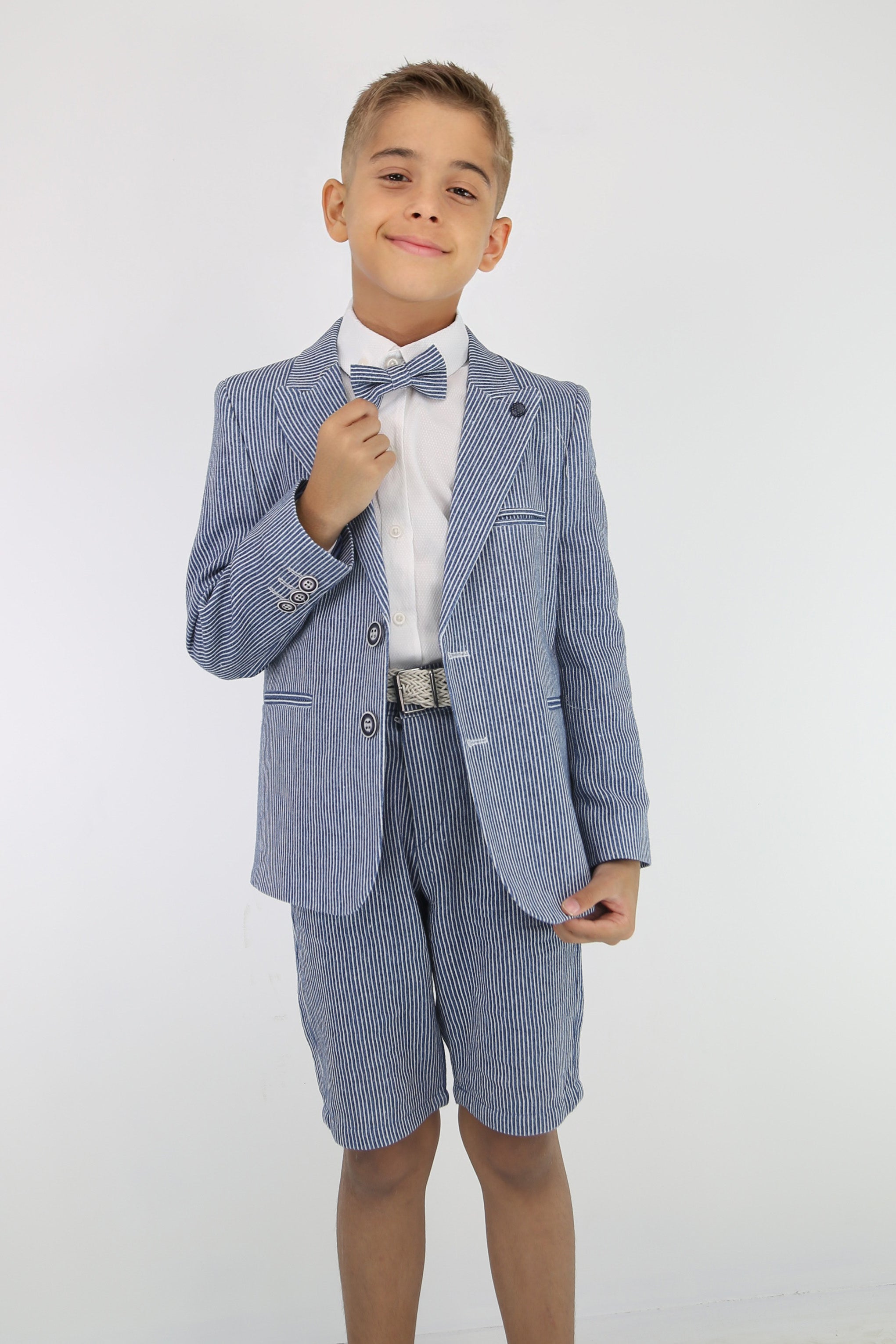Boys Striped Cotton Seersucker Short Suit – ALEXANDER - Navy
