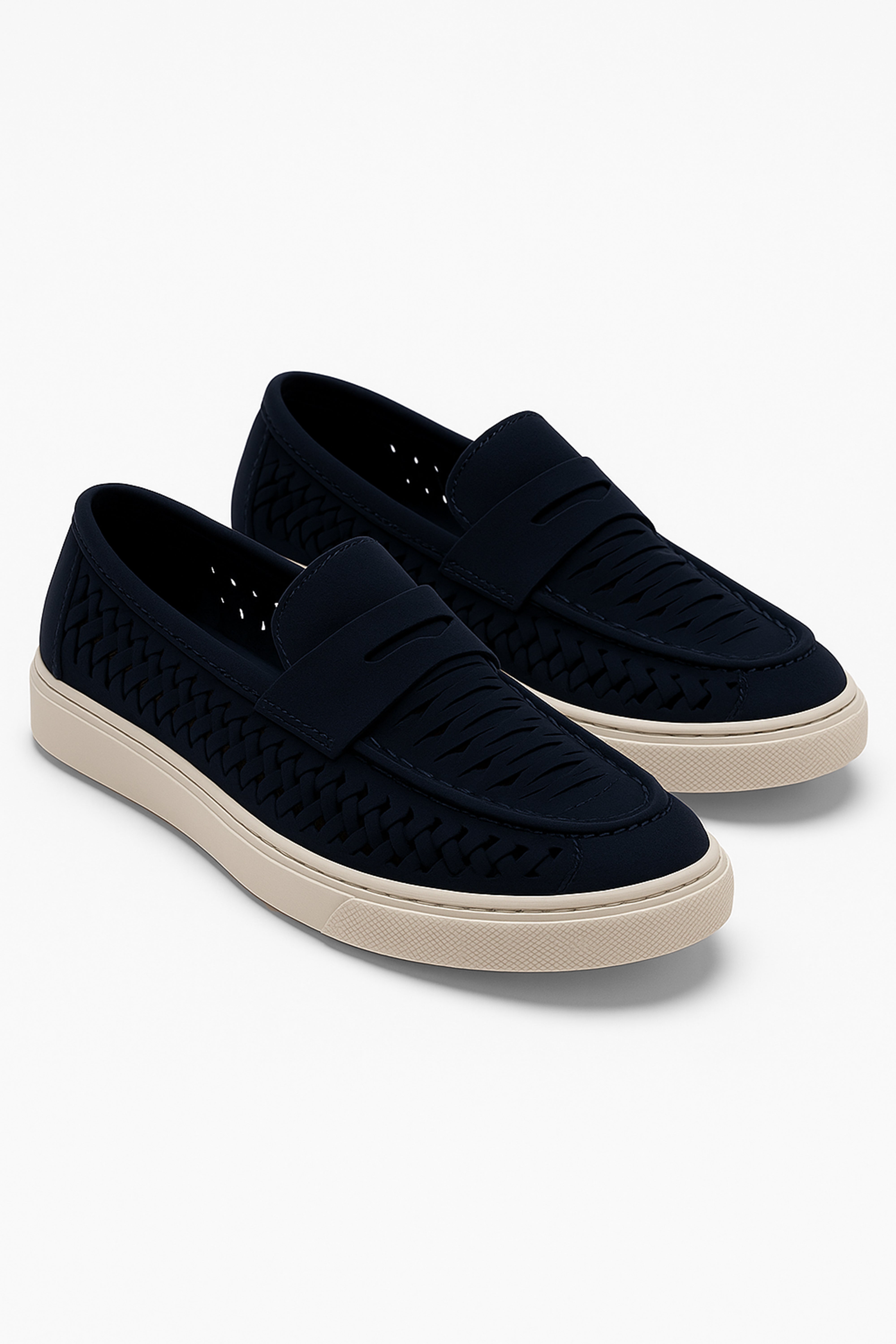 Boys Suede Penny Loafers with Woven Detail - TROY - Navy Blue Pair Side Picture