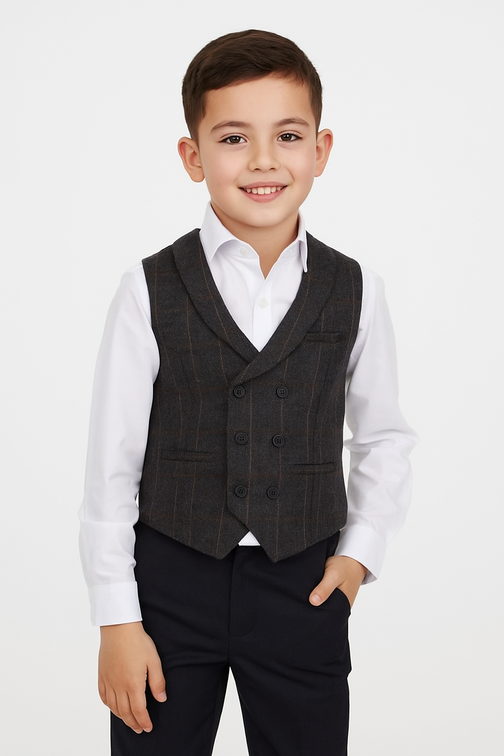 Tailored Fit Weste-Set für Jungen aus Tweed mit Fischgrätenmuster und Karomuster - Dunkelgrau