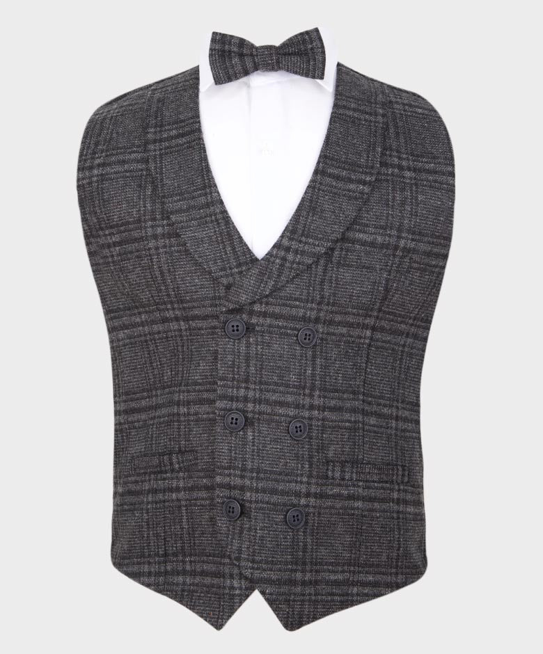 Boys Tailored Fit Herringbone Tweed Check Waistcoat Set - Grey