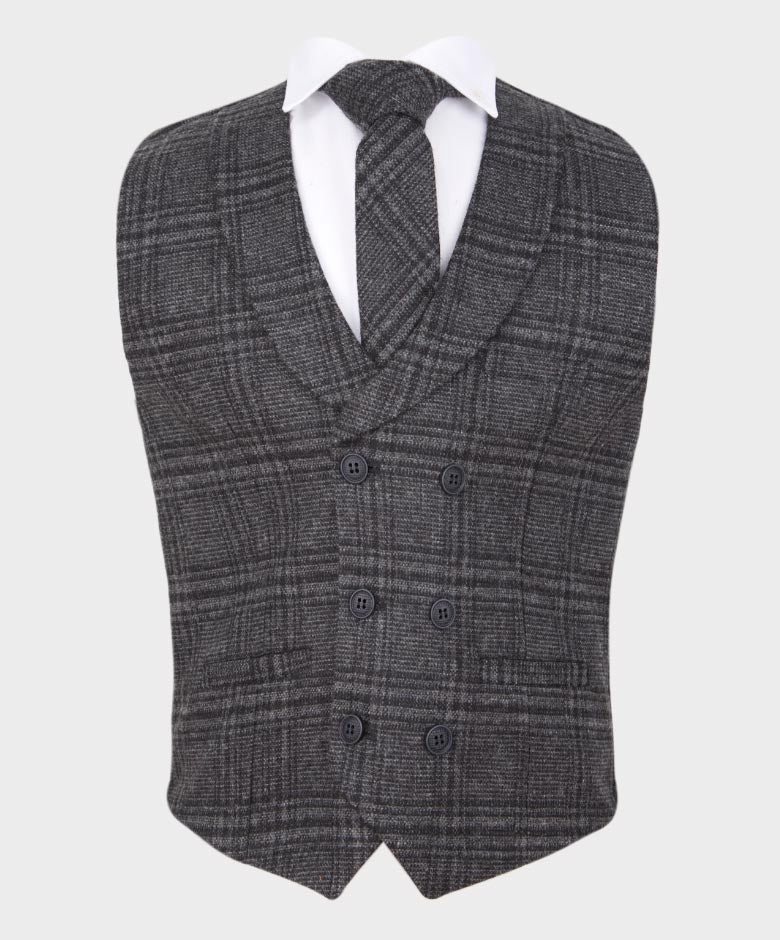 Boys Tailored Fit Herringbone Tweed Check Waistcoat Set - Grey