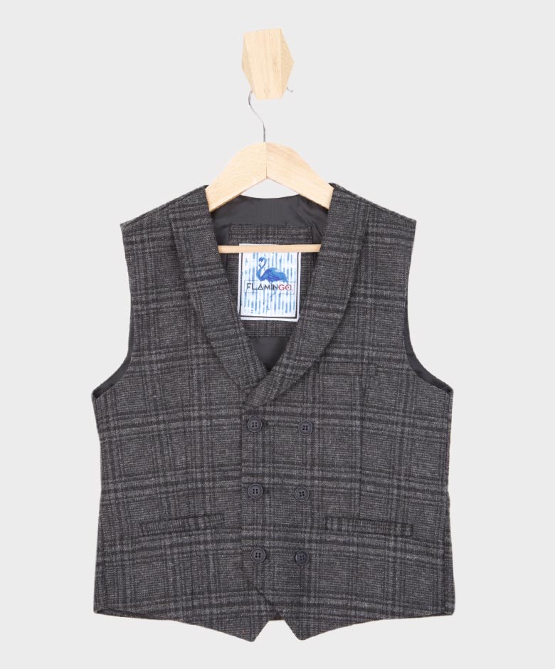 Boys Tailored Fit Herringbone Tweed Check Waistcoat Set - Grey