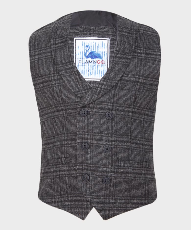 Boys Tailored Fit Herringbone Tweed Check Waistcoat Set - Grey
