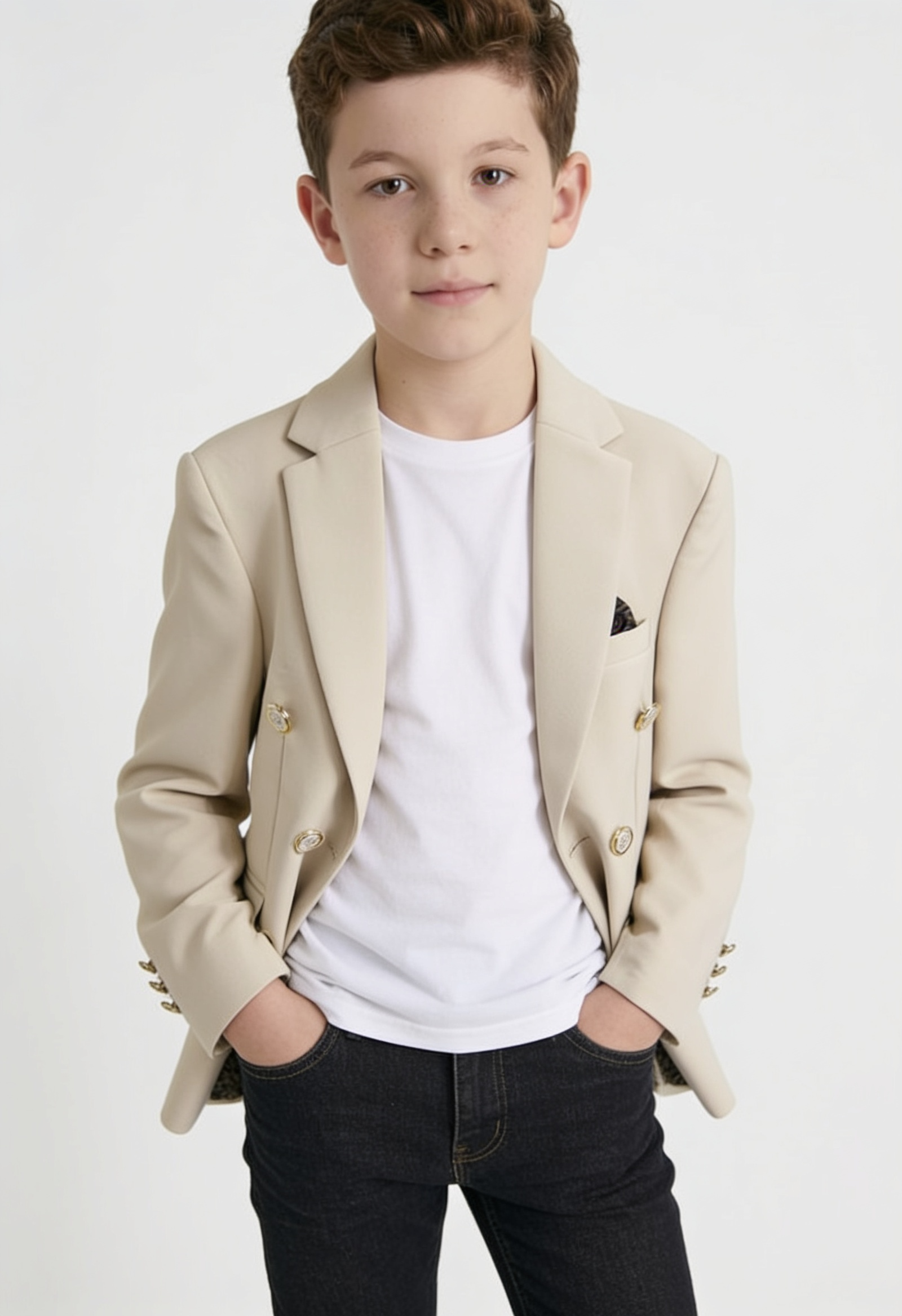 Boys Textured Double Breasted Blazer - Beige