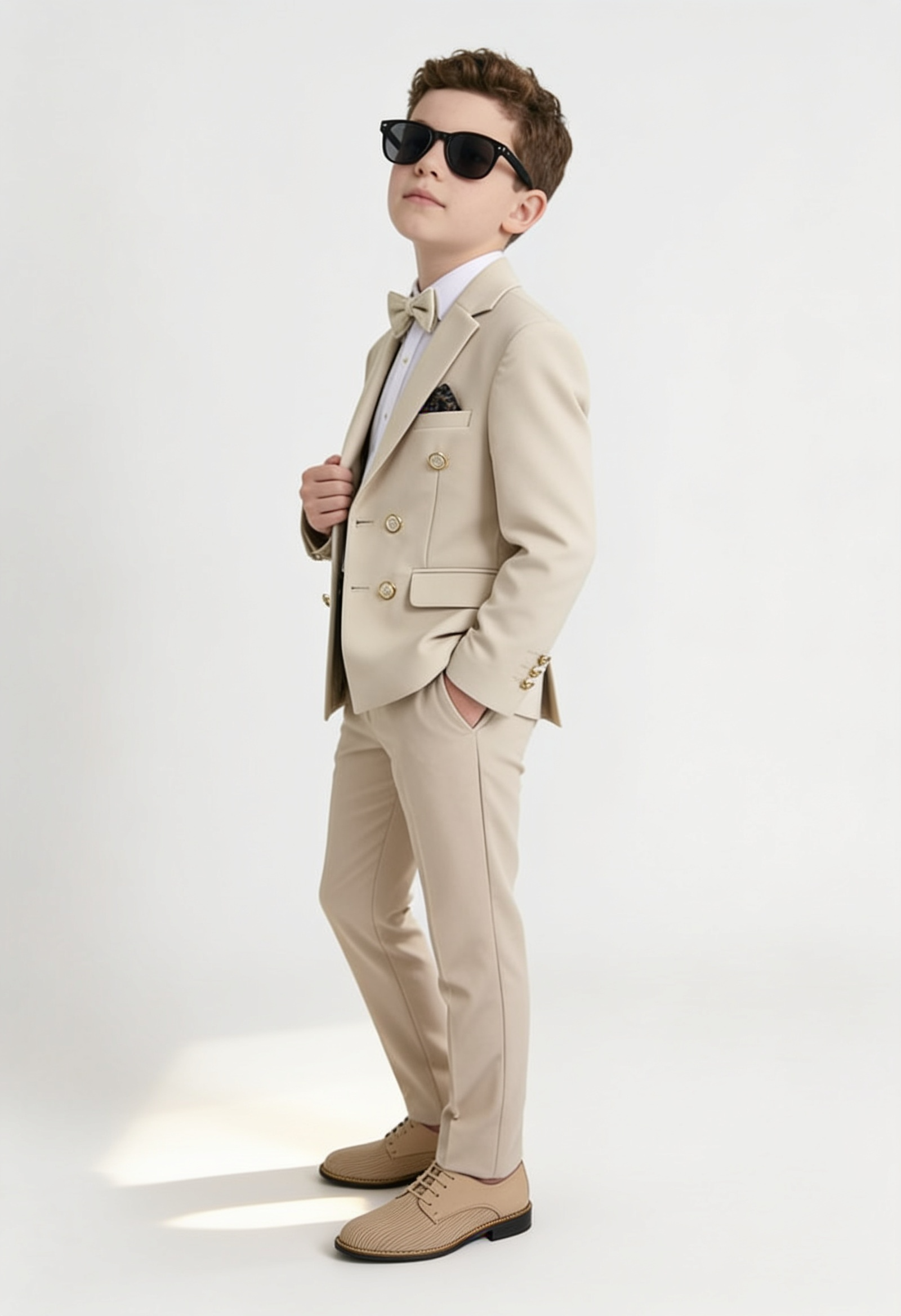 Boys Textured Double Breasted Blazer - Beige