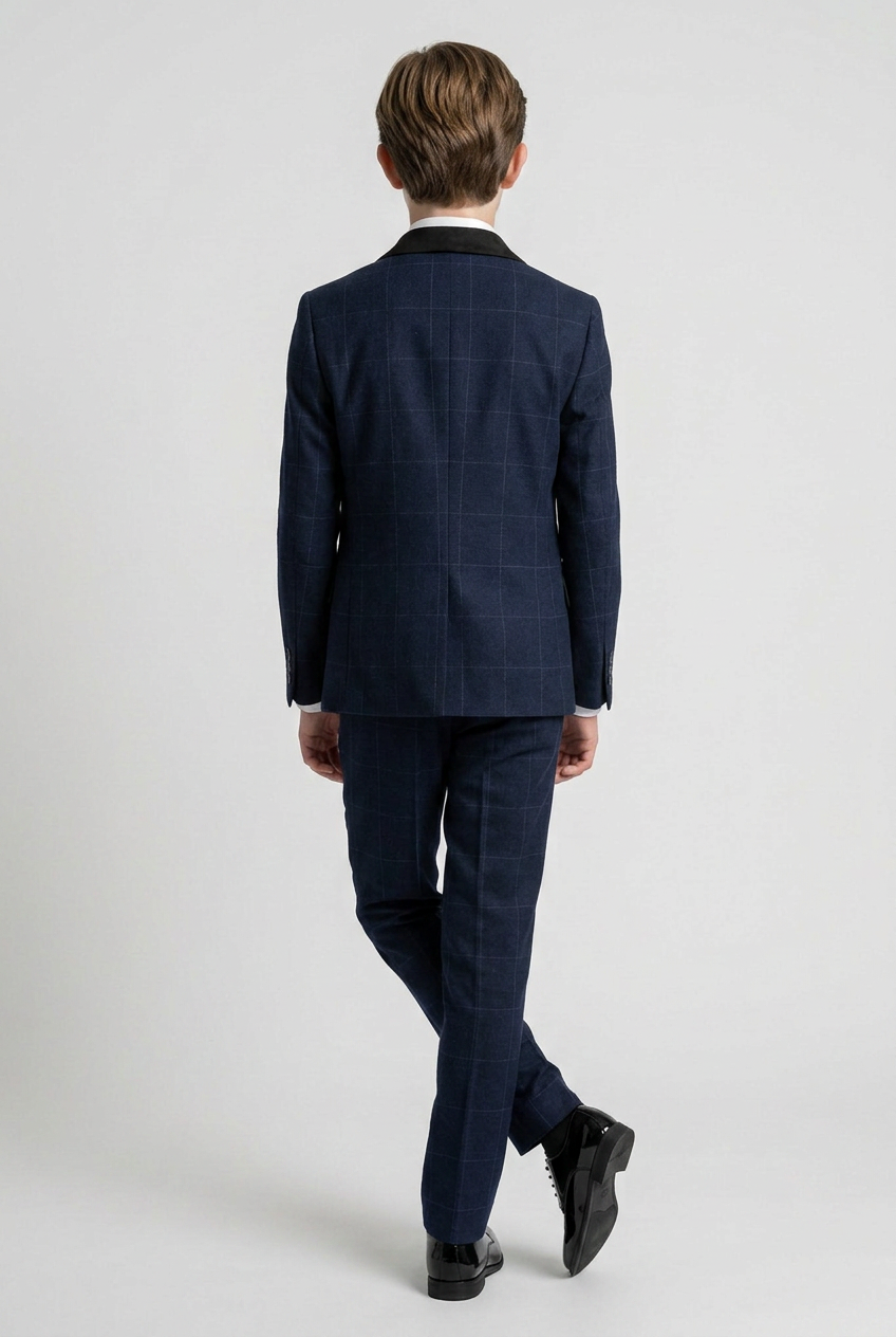 Completo da ragazzo in tessuto effetto tweed con motivo a quadri a finestra e colletto a contrasto - Blu Navy