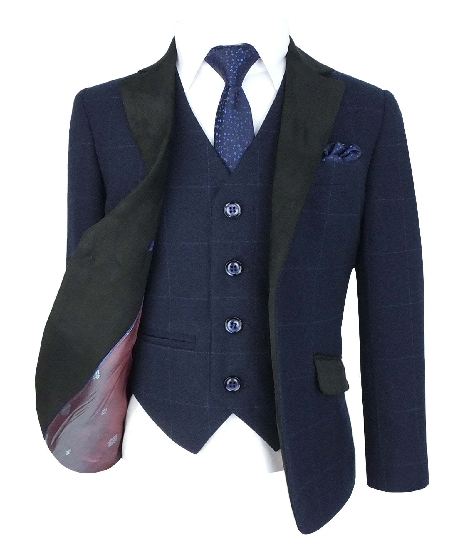 Completo da ragazzo in tessuto effetto tweed con motivo a quadri a finestra e colletto a contrasto - Blu Navy