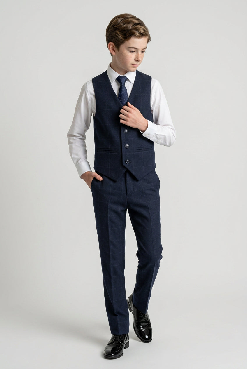 Completo da ragazzo in tessuto effetto tweed con motivo a quadri a finestra e colletto a contrasto - Blu Navy