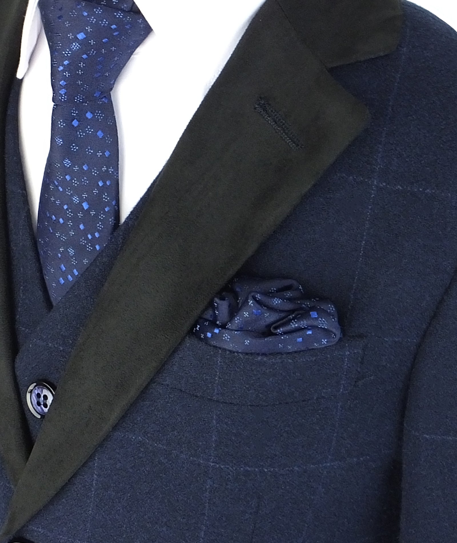 Completo da ragazzo in tessuto effetto tweed con motivo a quadri a finestra e colletto a contrasto - Blu Navy