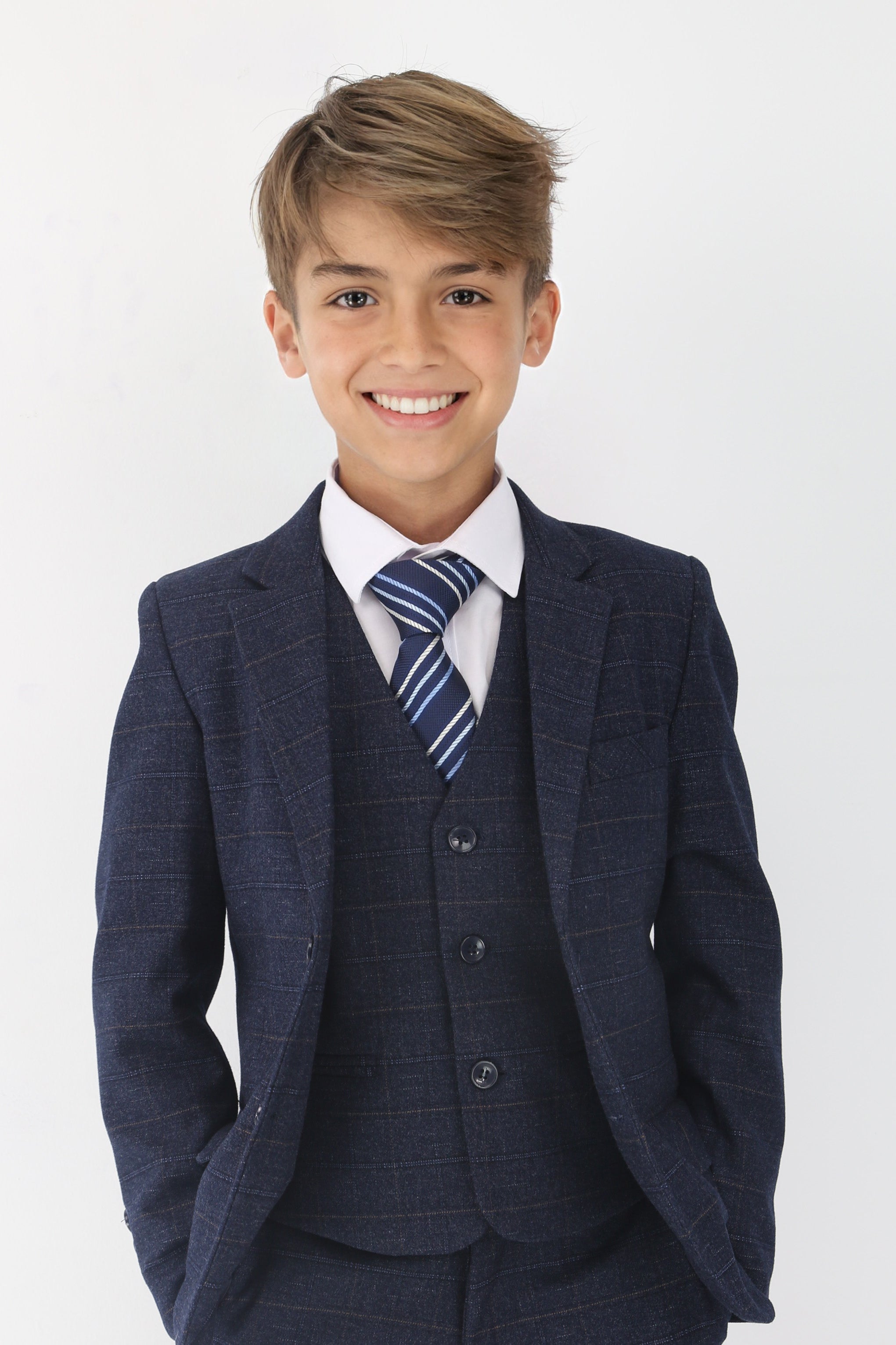 Conjunto de traje formal para niños con ajuste entallado y estampado de cuadros tipo tweed - Azul marino