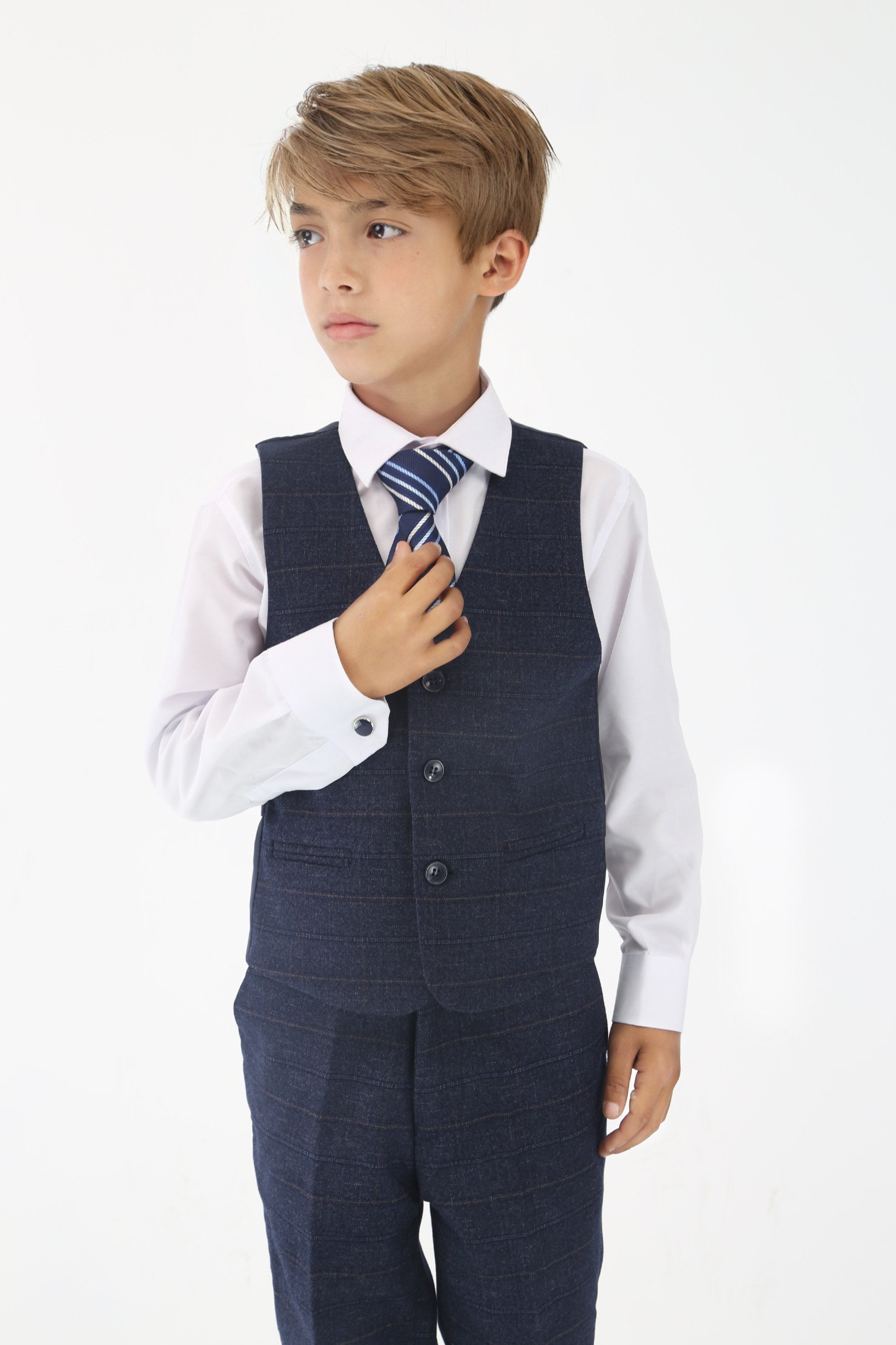 Conjunto de traje formal para niños con ajuste entallado y estampado de cuadros tipo tweed - Azul marino